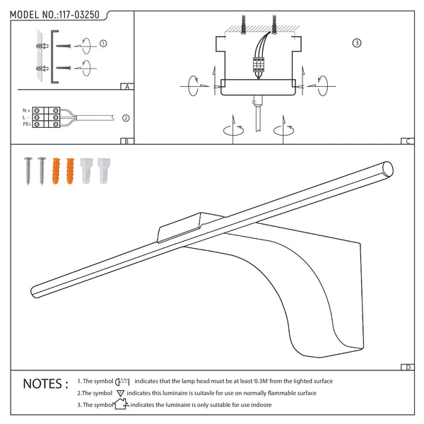 Line drawing of a stylish light fitting, with instructions on how to affix to a wall. Model number 117-03250.