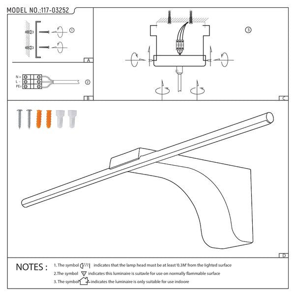 A diagram shows how to install the stylish, modern LED desk lamp. Screws, fixings, and wiring details are included.