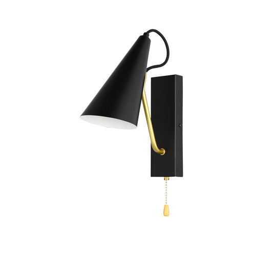 A sleek black wall light with a gold arm and a pull cord switch. A minimalist lighting choice.