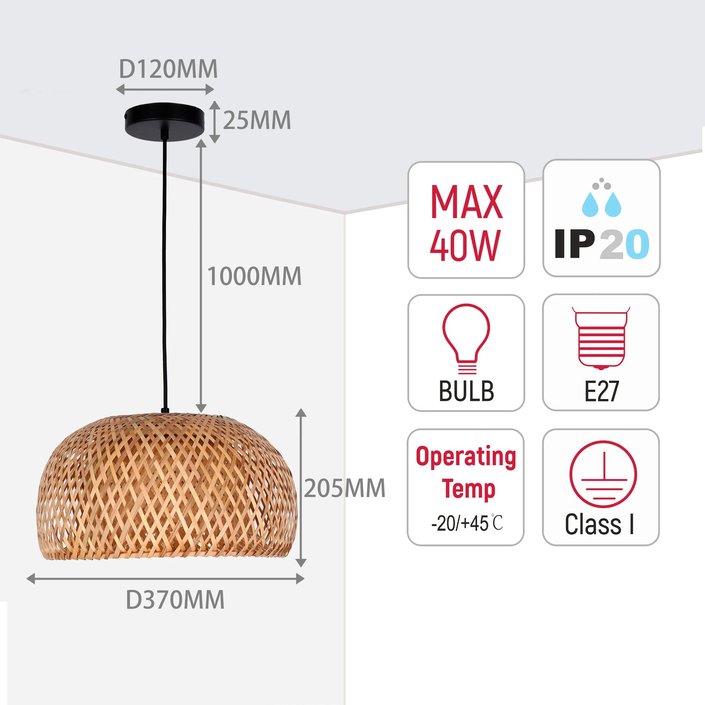 A woven pendant light with dimensions shown. Max 40W bulb, IP20 rated, E27 fitting, Class I, operating temp -20/+45°C.