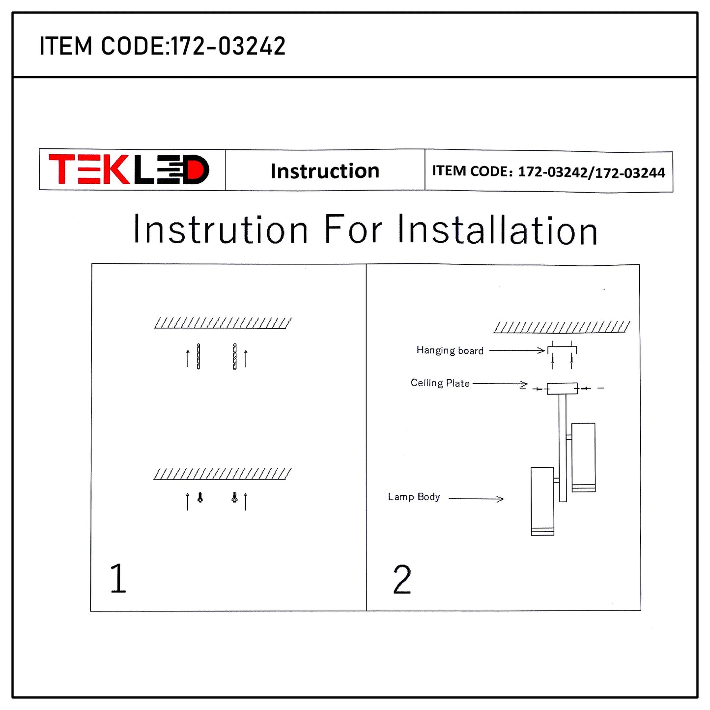 A diagram showing installation instructions for a TEKLED light, with step by step drawings to assist with the process.