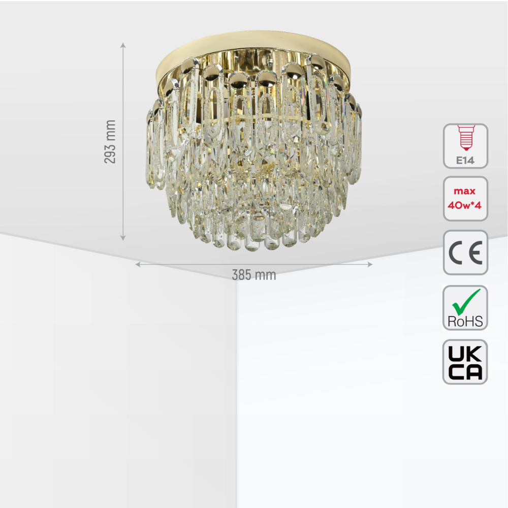 Size and tech specs of Cascade Crystal Flush Chandelier Ceiling Light | TEKLED 159-18066