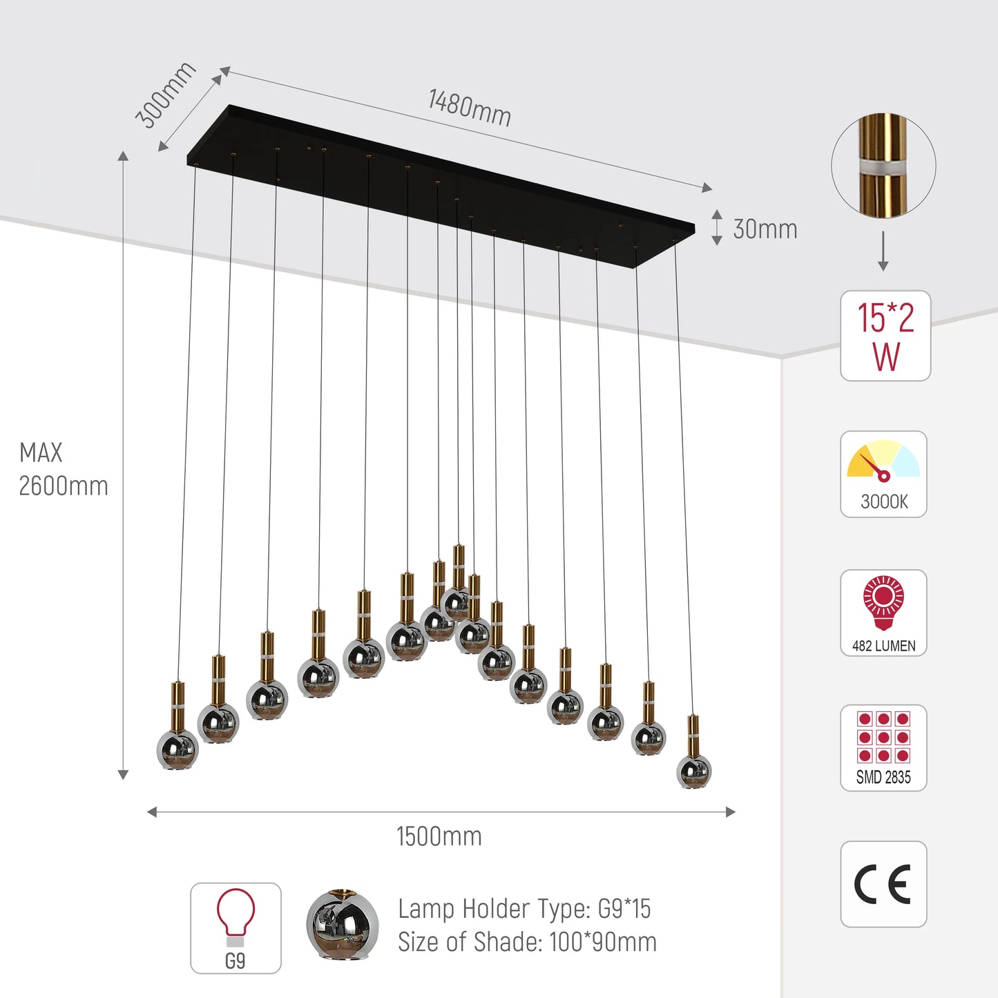 Modern chandelier with adjustable height and 15 chrome shades. Dimensions visible.