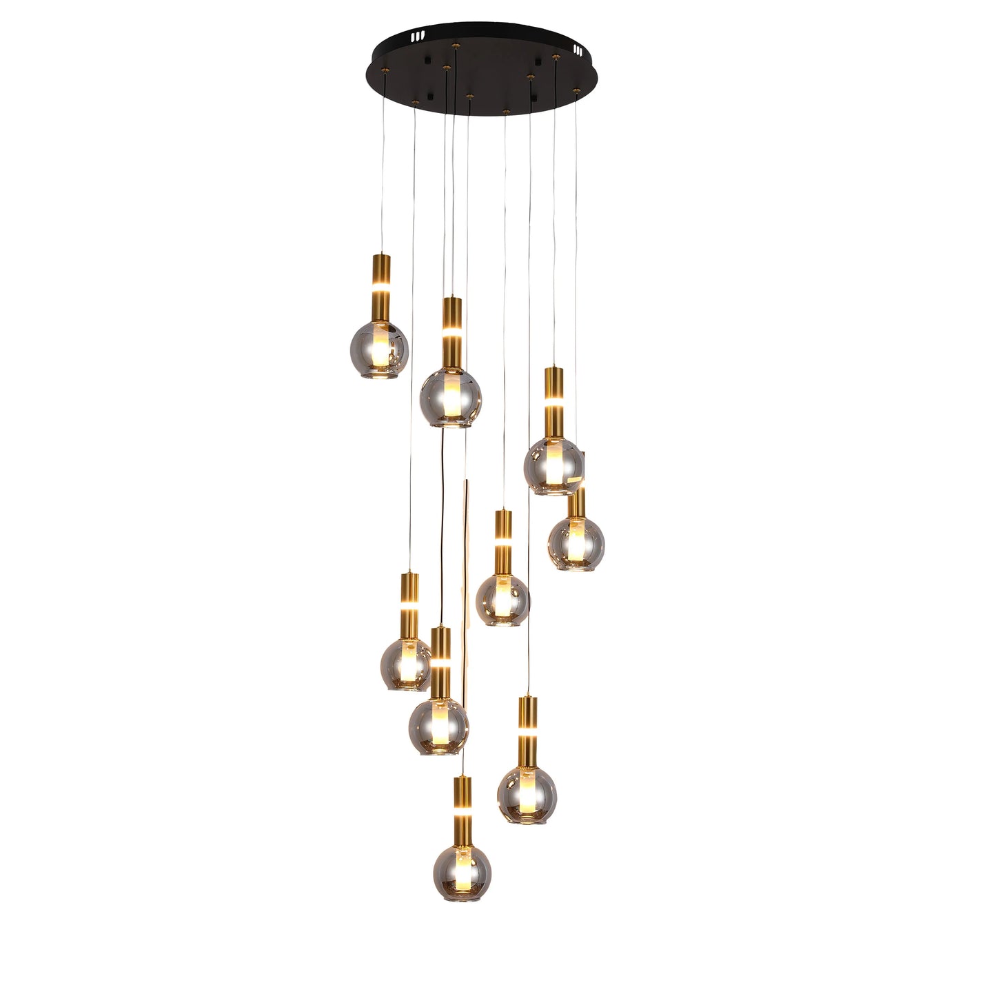 Contemporary black ceiling fixture with adjustable, spherical glass pendants and warm gold accents.