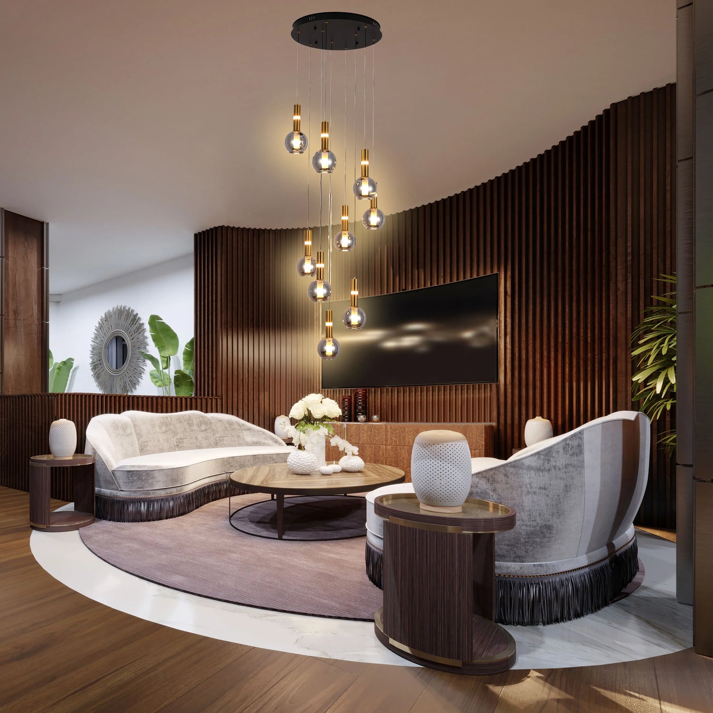 Striking pendant lighting with gold fittings and glass globes hangs above a plush living space with dark wood panelling.