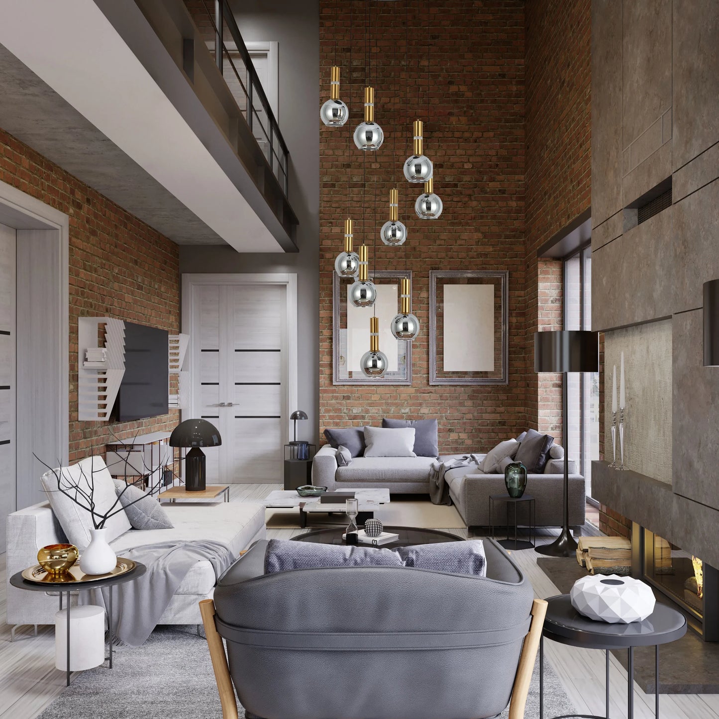 A modern, loft-style living room featuring eye-catching pendant lighting and ambient floor and table lamps, creating a warm atmosphere.
