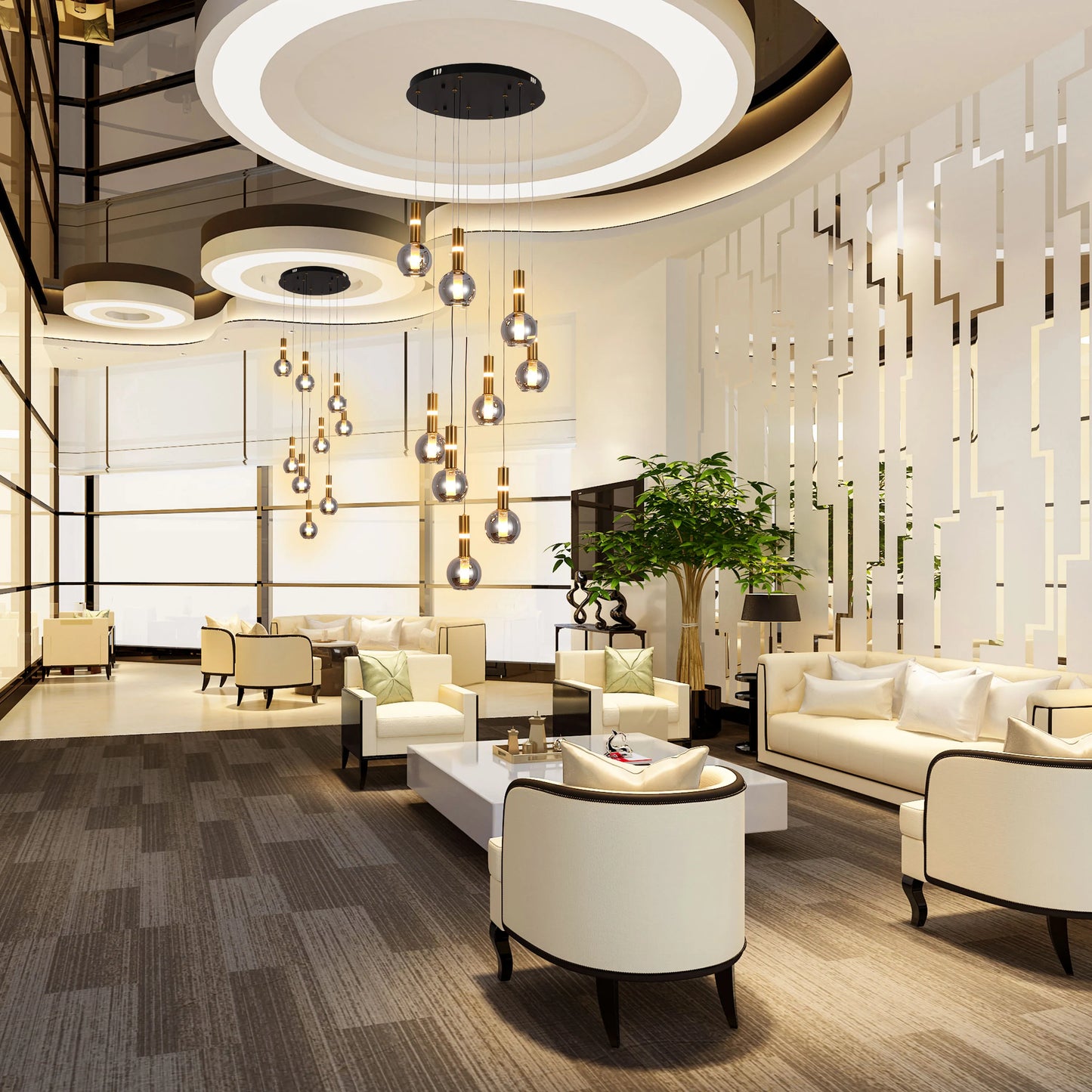 Elegant lighting display with multiple pendant lights suspended from a round ceiling fixture, creating a luxurious atmosphere.