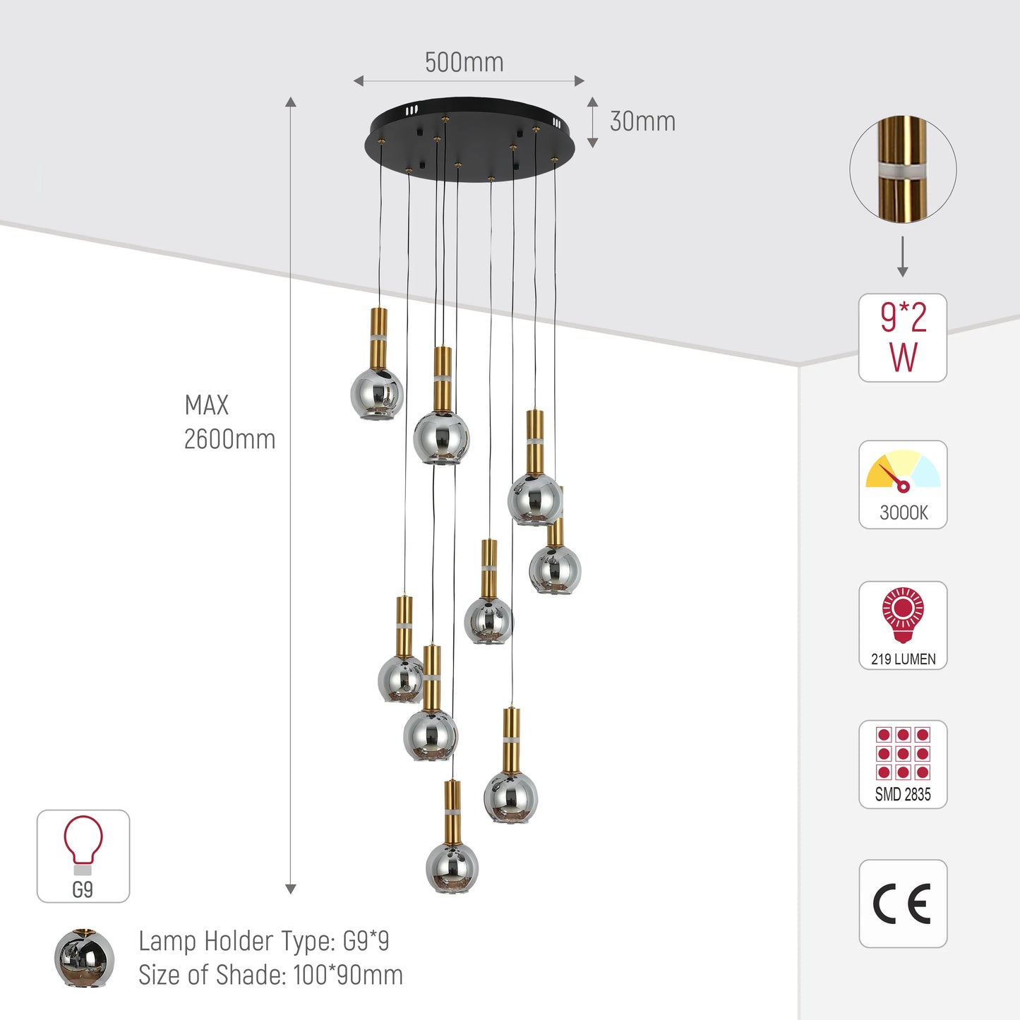 A modern, nine-light pendant fixture with a circular black canopy and globe shades in silver and gold finishes.