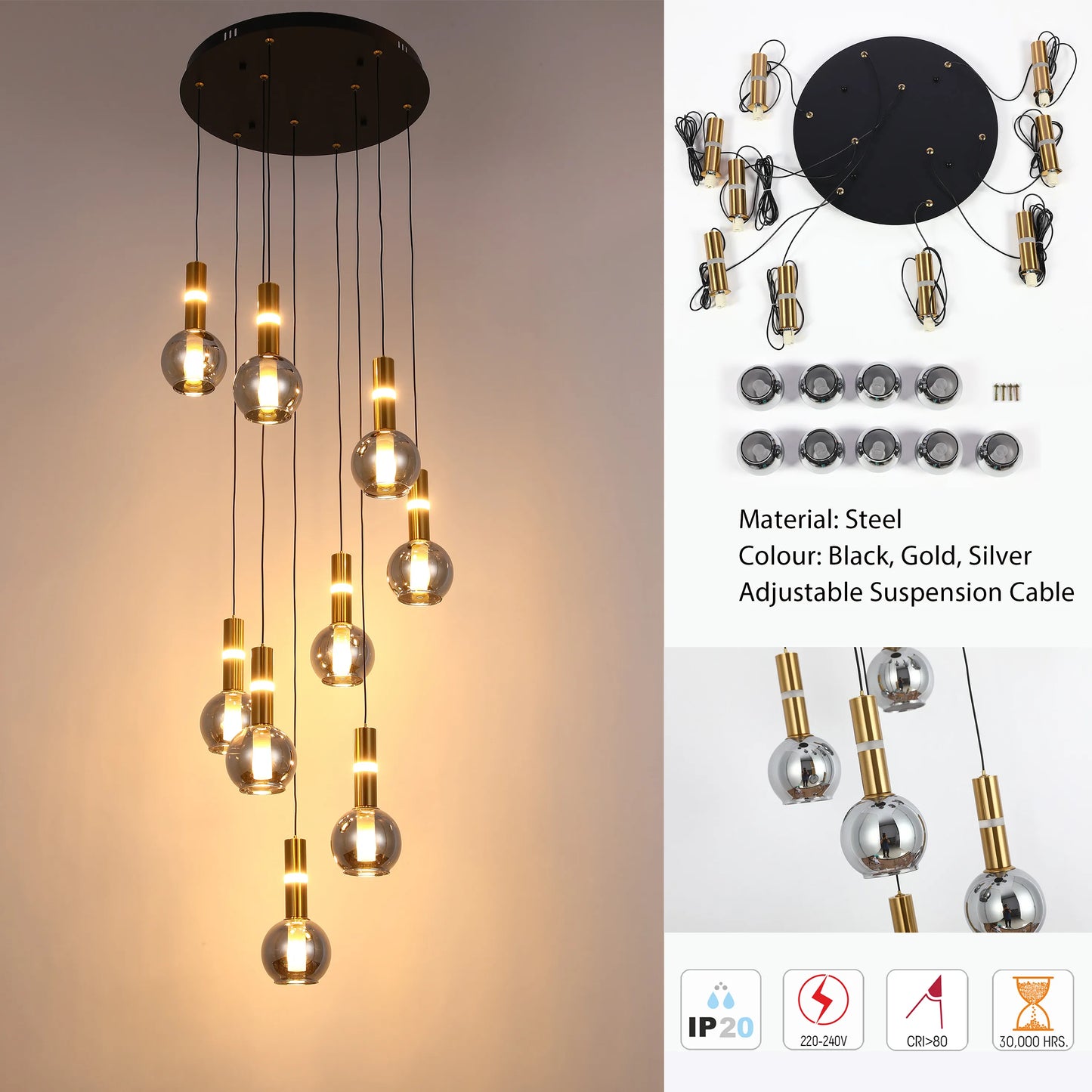 A statement chandelier with spherical glass shades, gold accents, and a black ceiling rose. Contemporary elegance for any room.