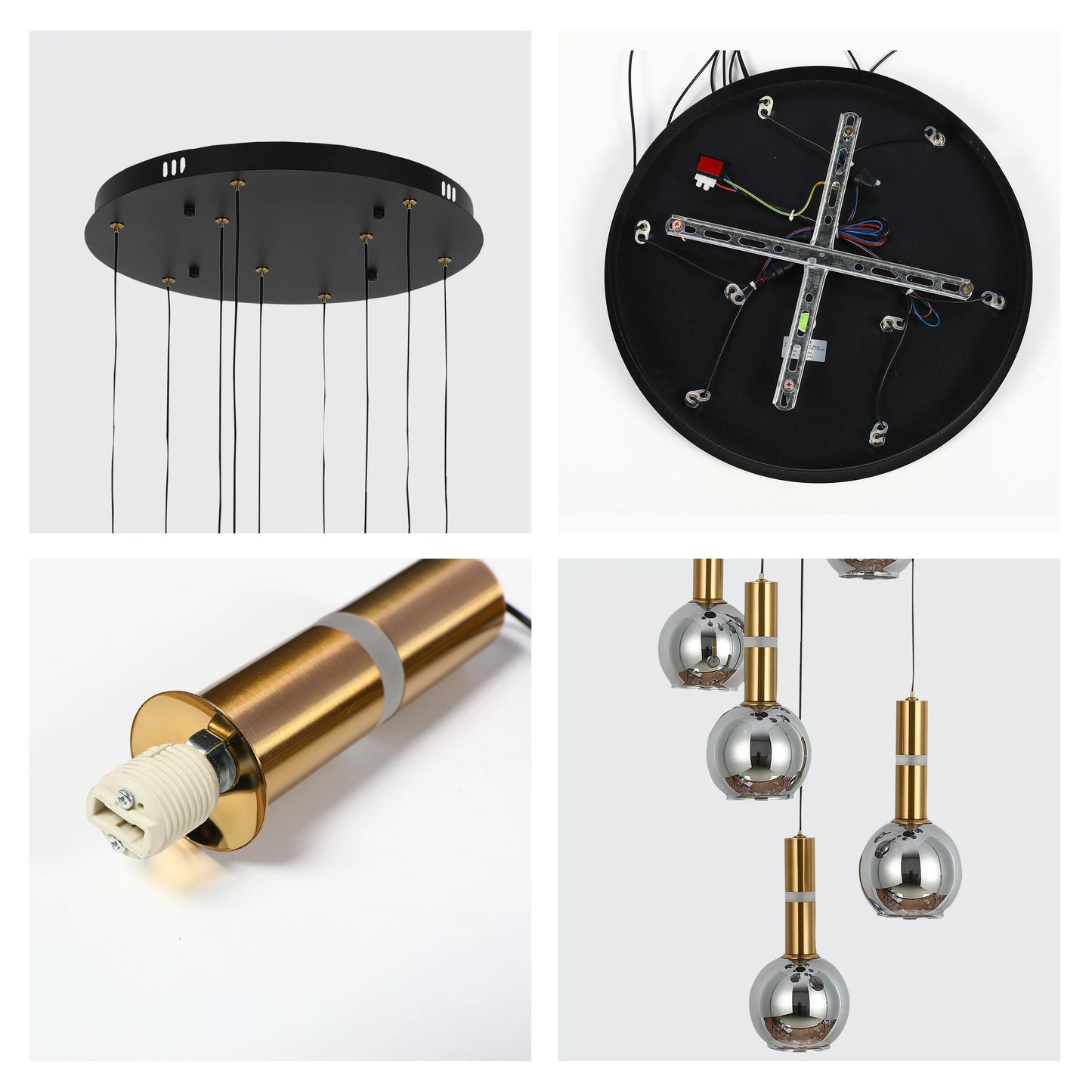 A modern chandelier with polished gold and chrome globe shades, suspended from a matte black ceiling plate.