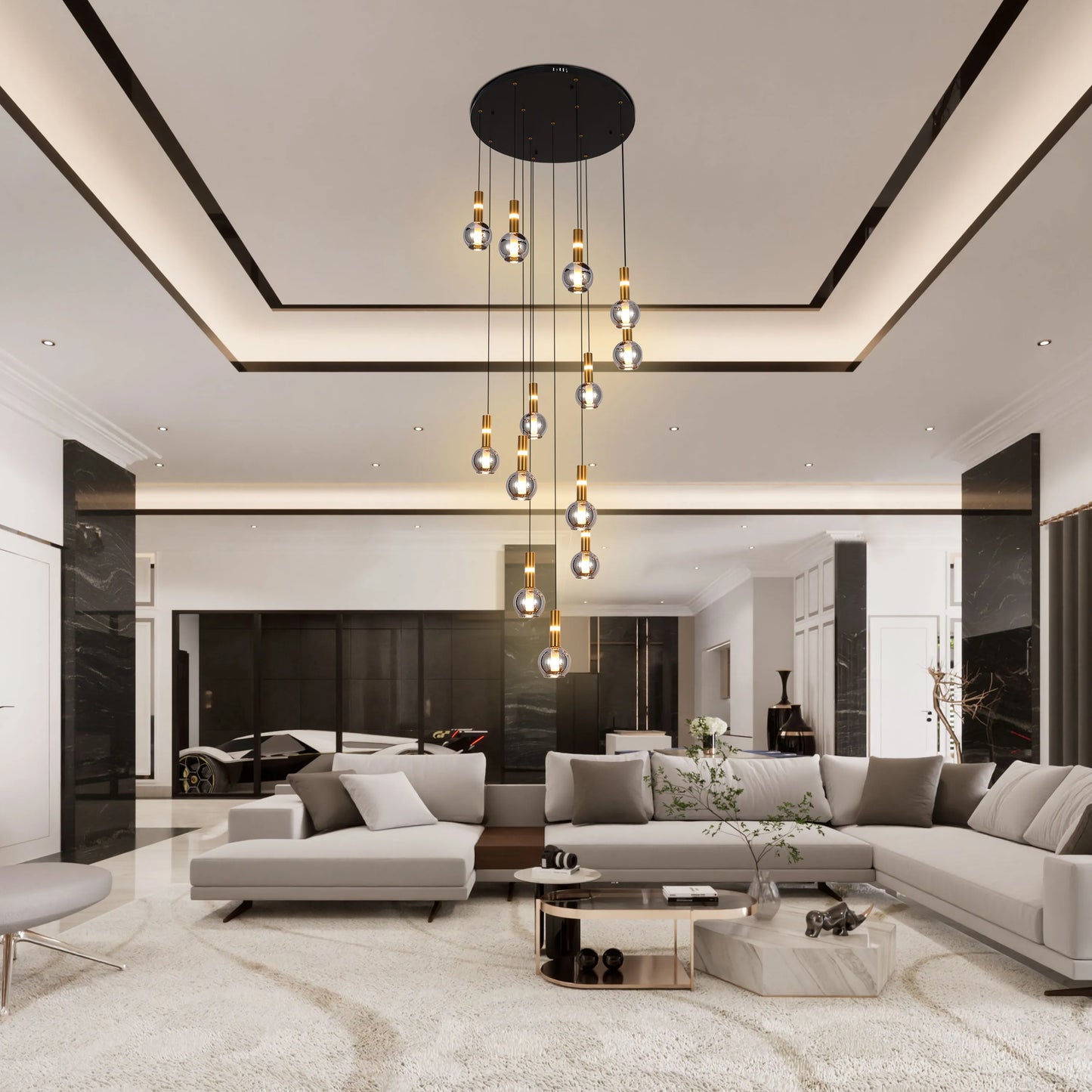 Striking pendant lighting features spherical bulbs hanging at varying heights. Recessed ceiling lights illuminate the space.