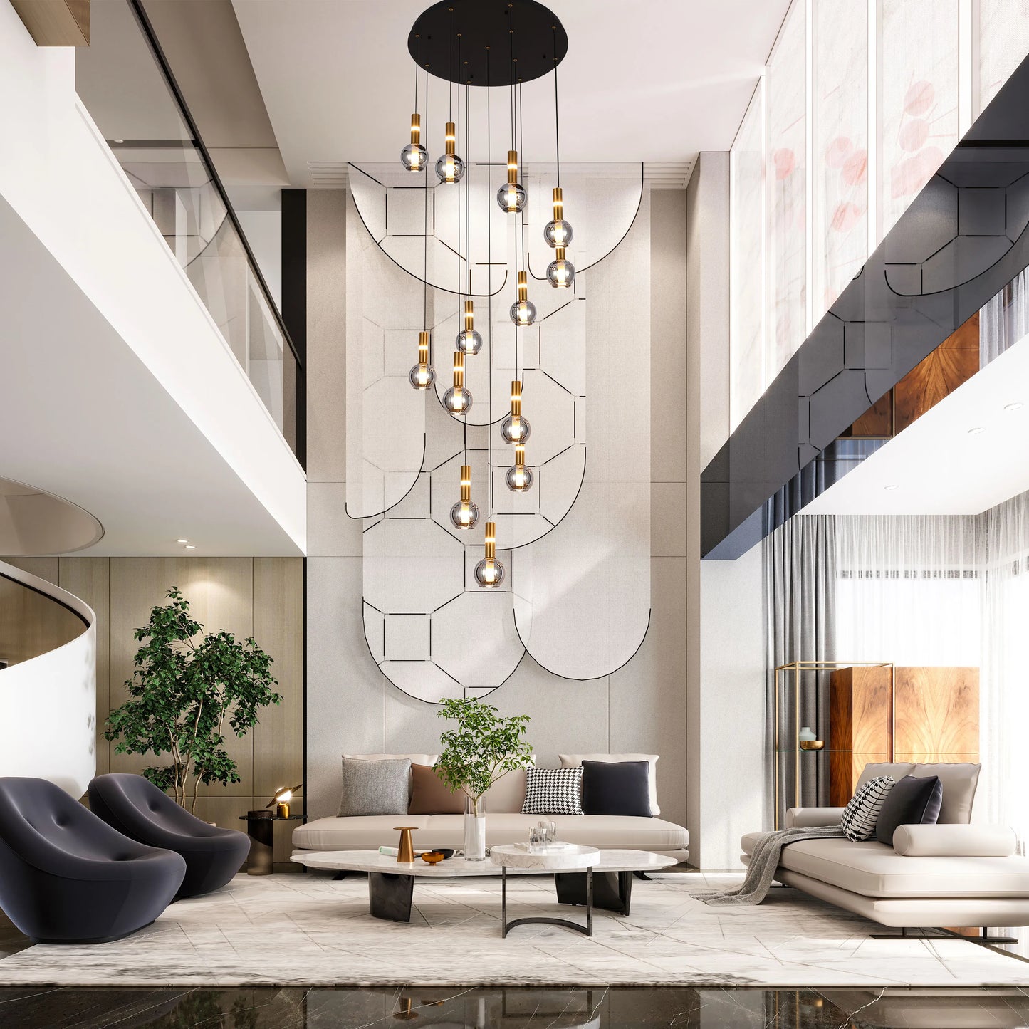 A multi-light pendant fixture hangs above a modern living room. The spherical lights illuminate the space beautifully.