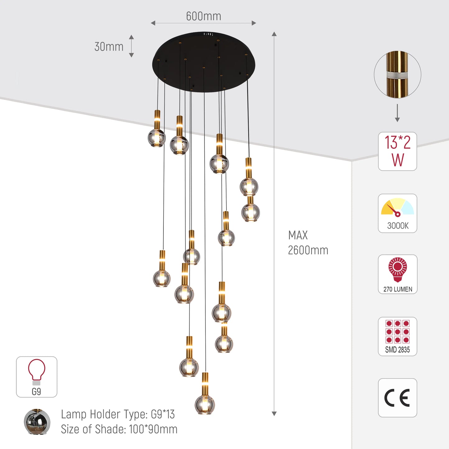 A modern multi-light pendant light with glass shades and brass accents. Displays key dimensions and lighting specifications.