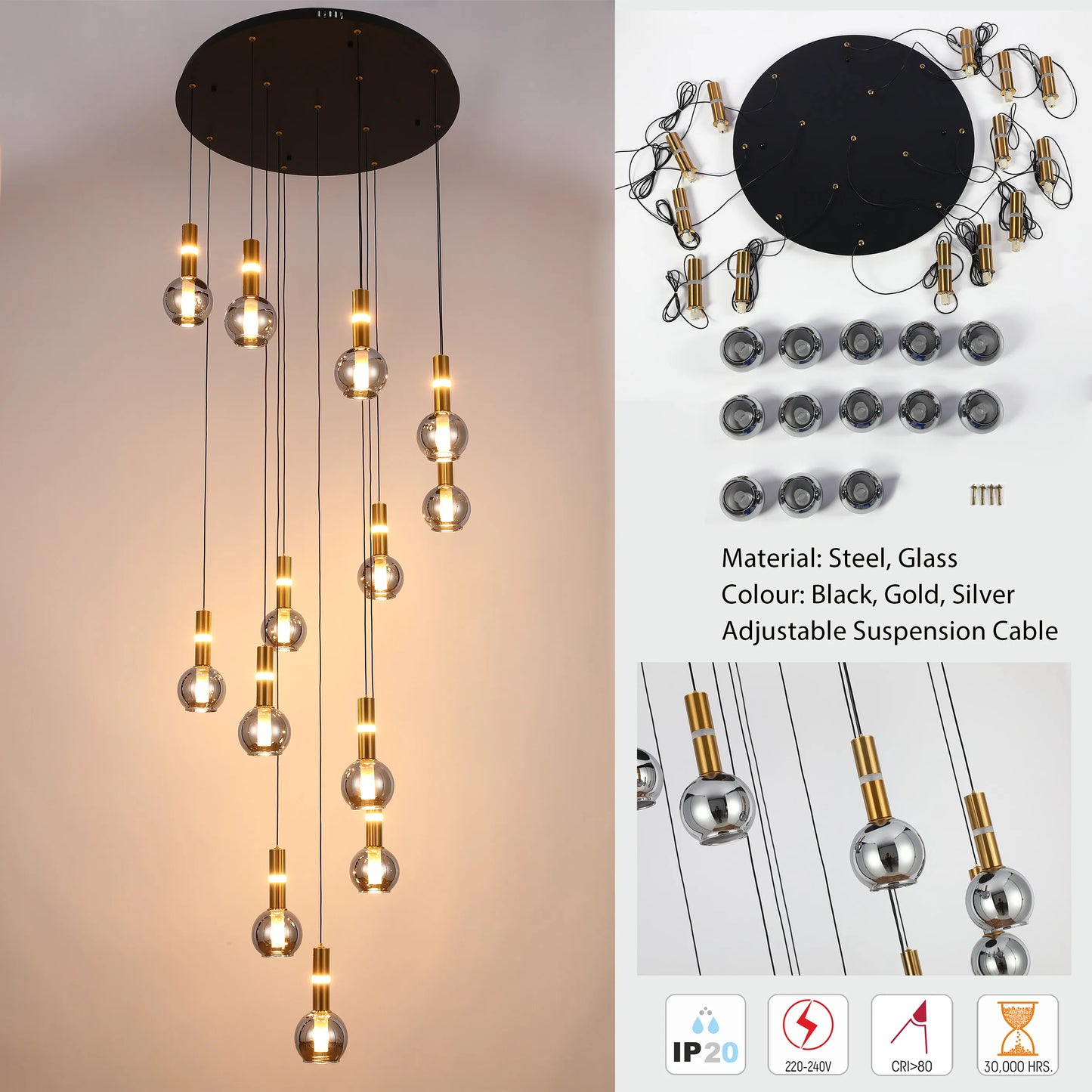 A modern multi-light pendant. It has black, gold and silver elements with adjustable suspension cables and glass shades.