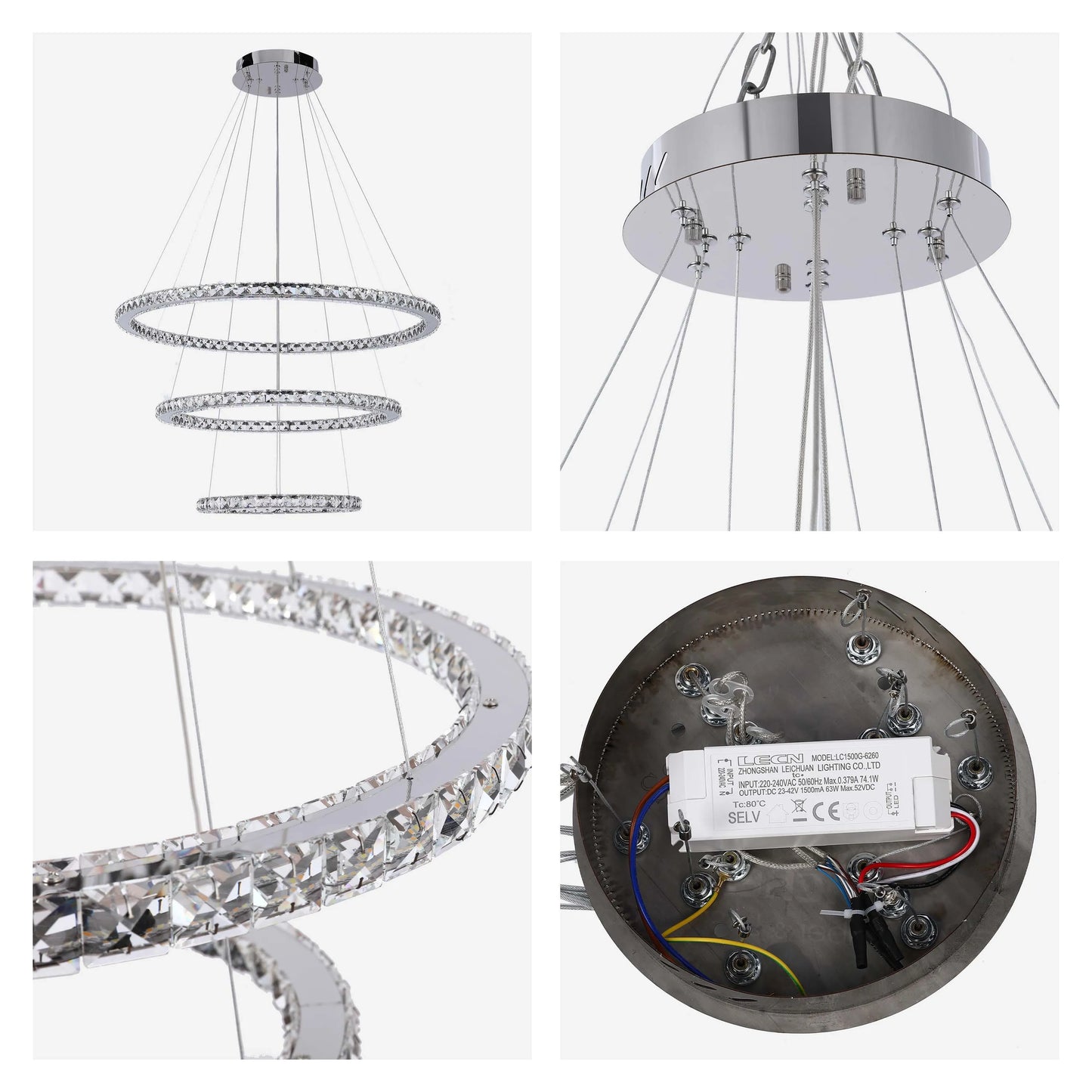 Three-ring crystal chandelier with chrome finish. Modern & luxurious lighting.