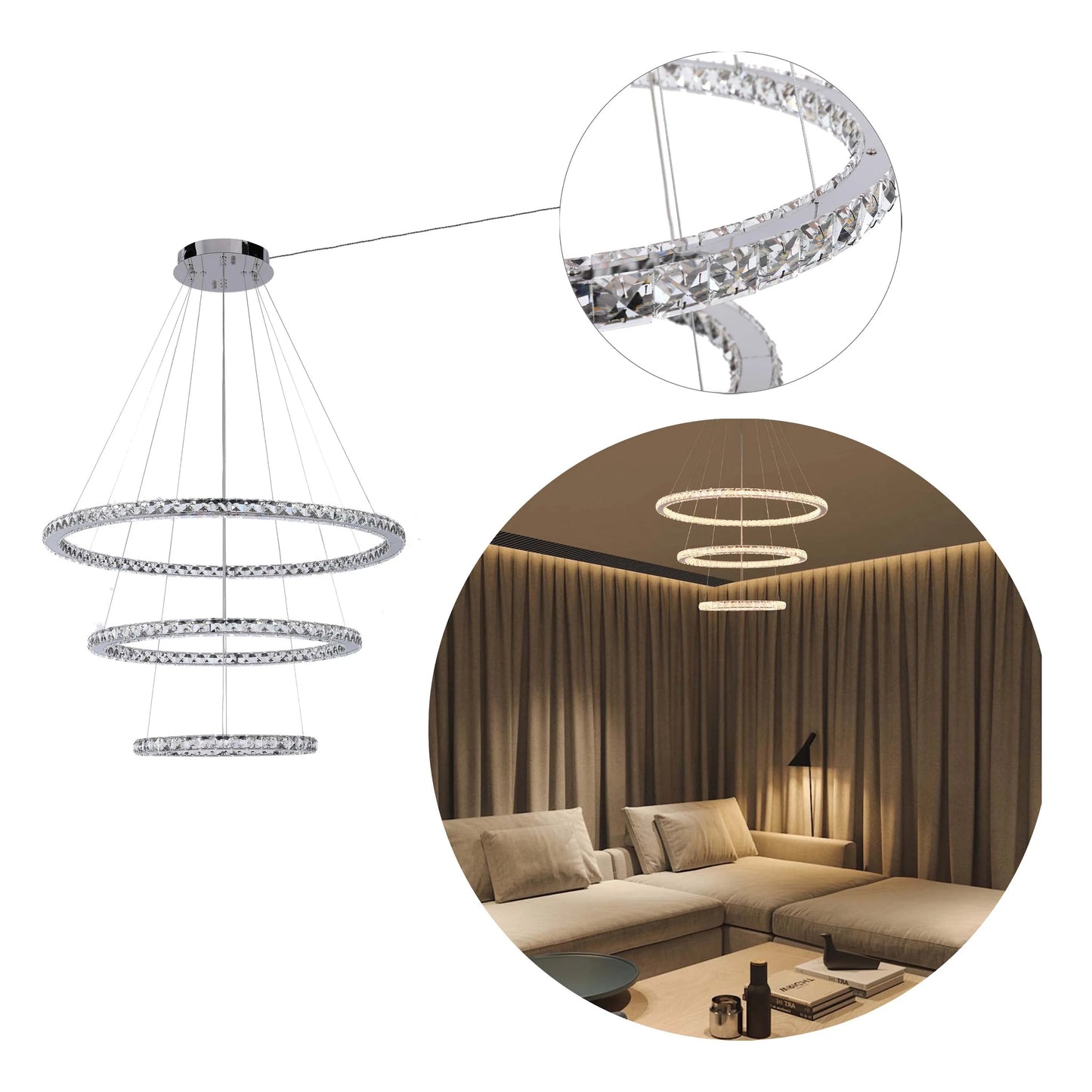 A contemporary chandelier with three crystal-studded rings suspended from a chrome ceiling rose, creating a stylish focal point.