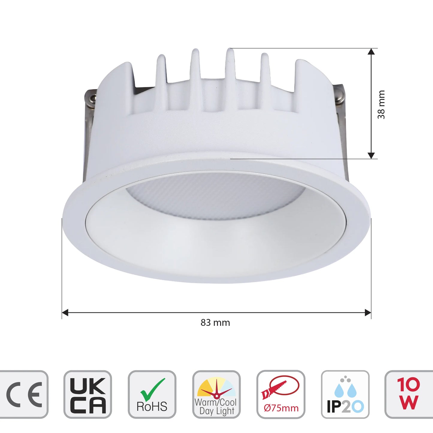 White LED downlight, 83mm diameter and 38mm depth, with CE, UKCA, RoHS, IP20 and Warm/Cool Day Light ratings. 10W bulb.