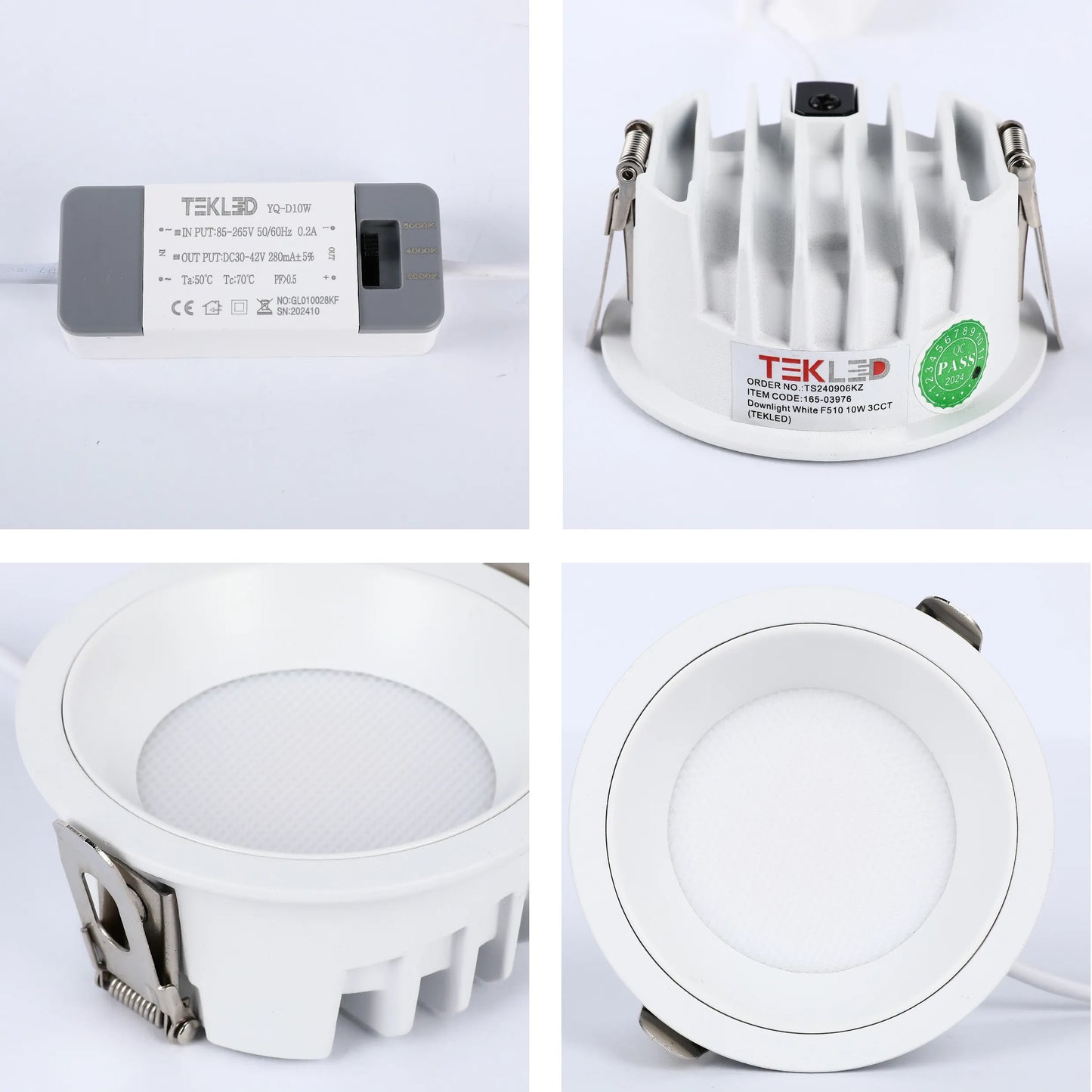 Close-up of a Tekled YQ-D10W LED downlight with its power adapter and quality control sticker indicating it passed inspection in 2024.