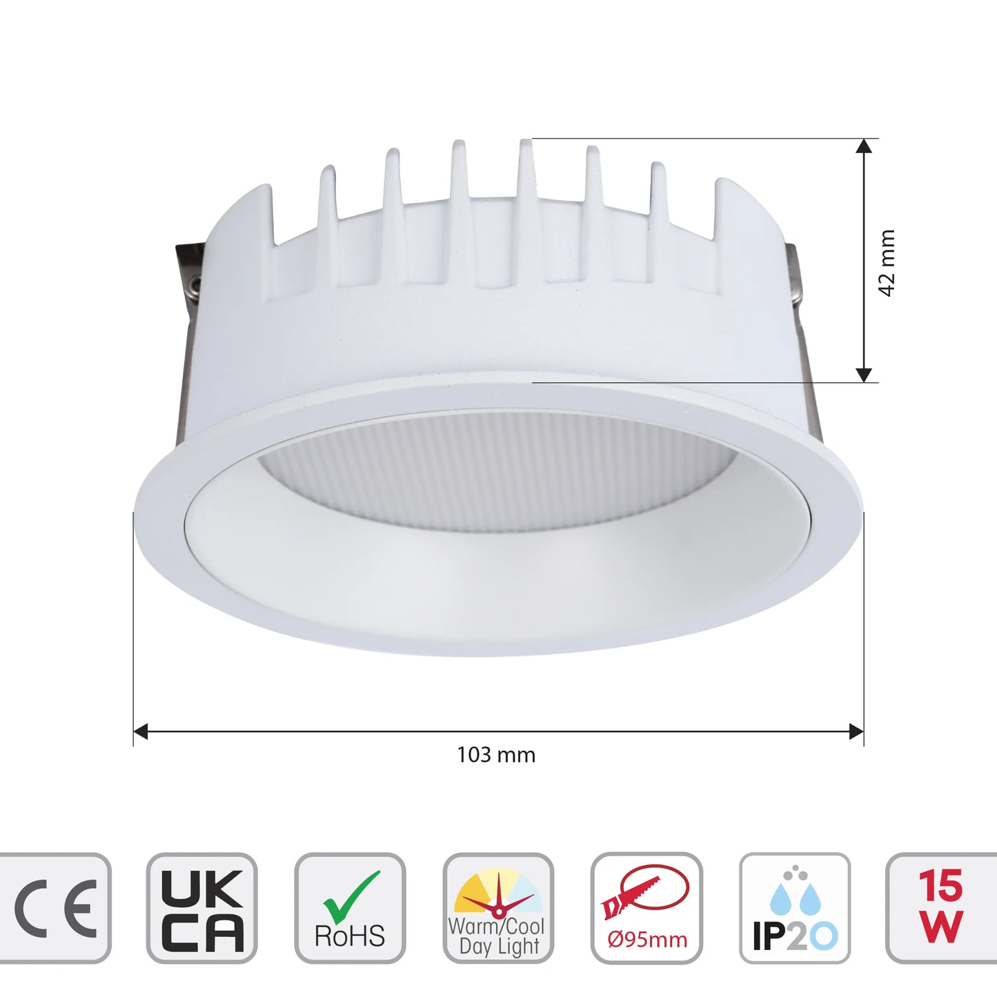 Recessed LED downlight with 103mm diameter, 42mm depth, 15W power, IP20 rating, and adjustable warm/cool day light.