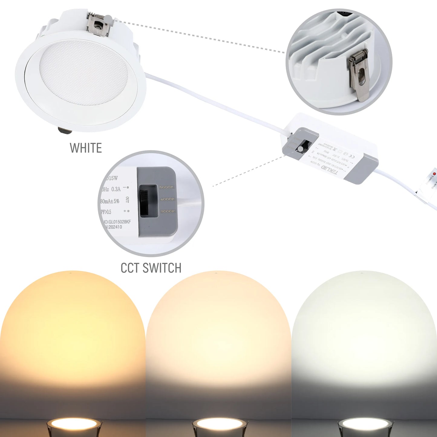 LED downlight with adjustable colour temperature. Switchable between 3000K, 4000K, and 5000K. White finish.