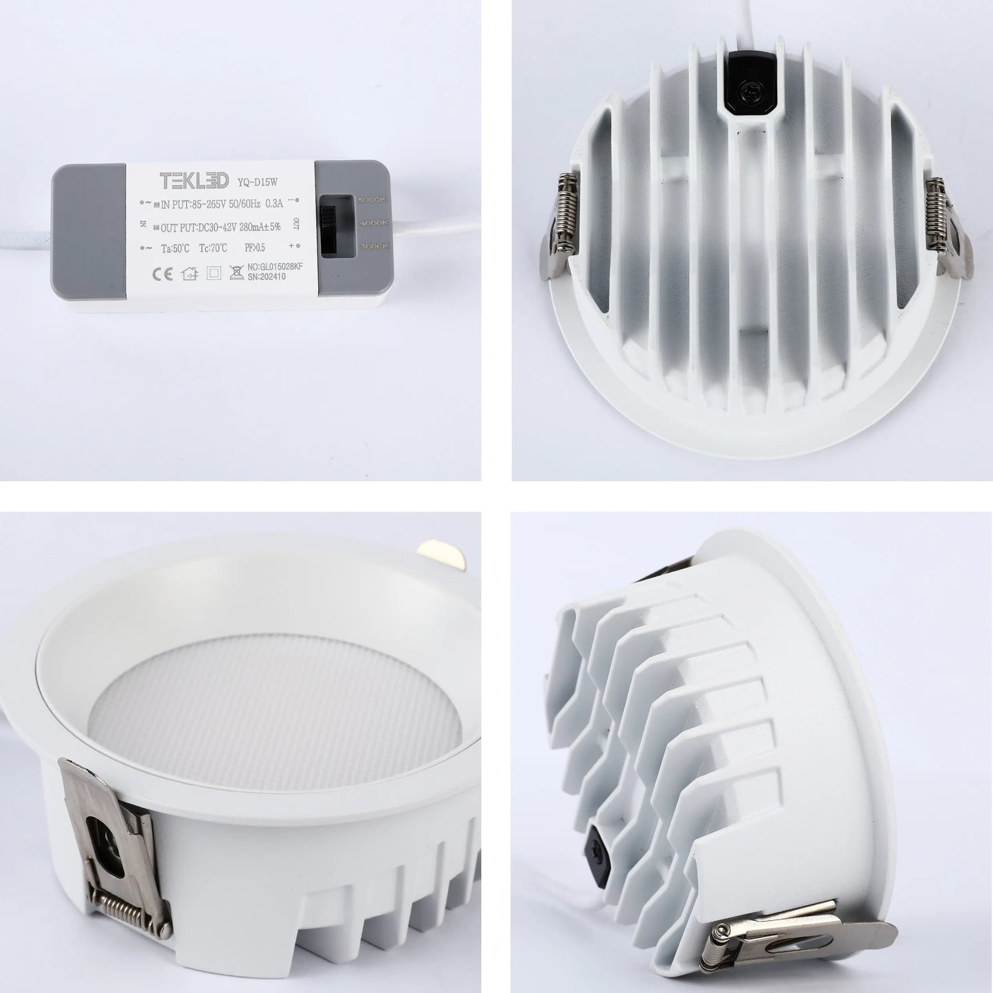 A recessed LED downlight with a white finish, showing the driver, heat sink, and spring clips.