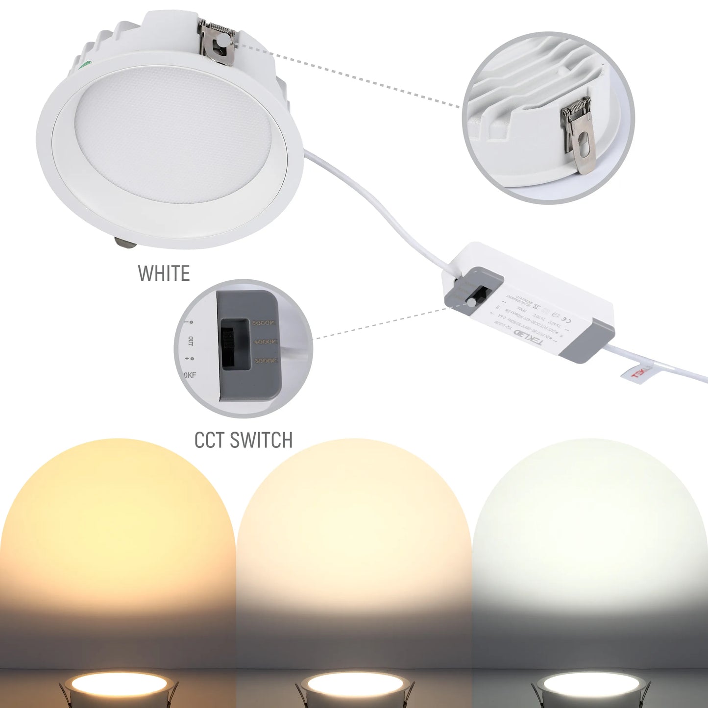 A white LED downlight with a switch to adjust colour temperature, showing three different colour settings.