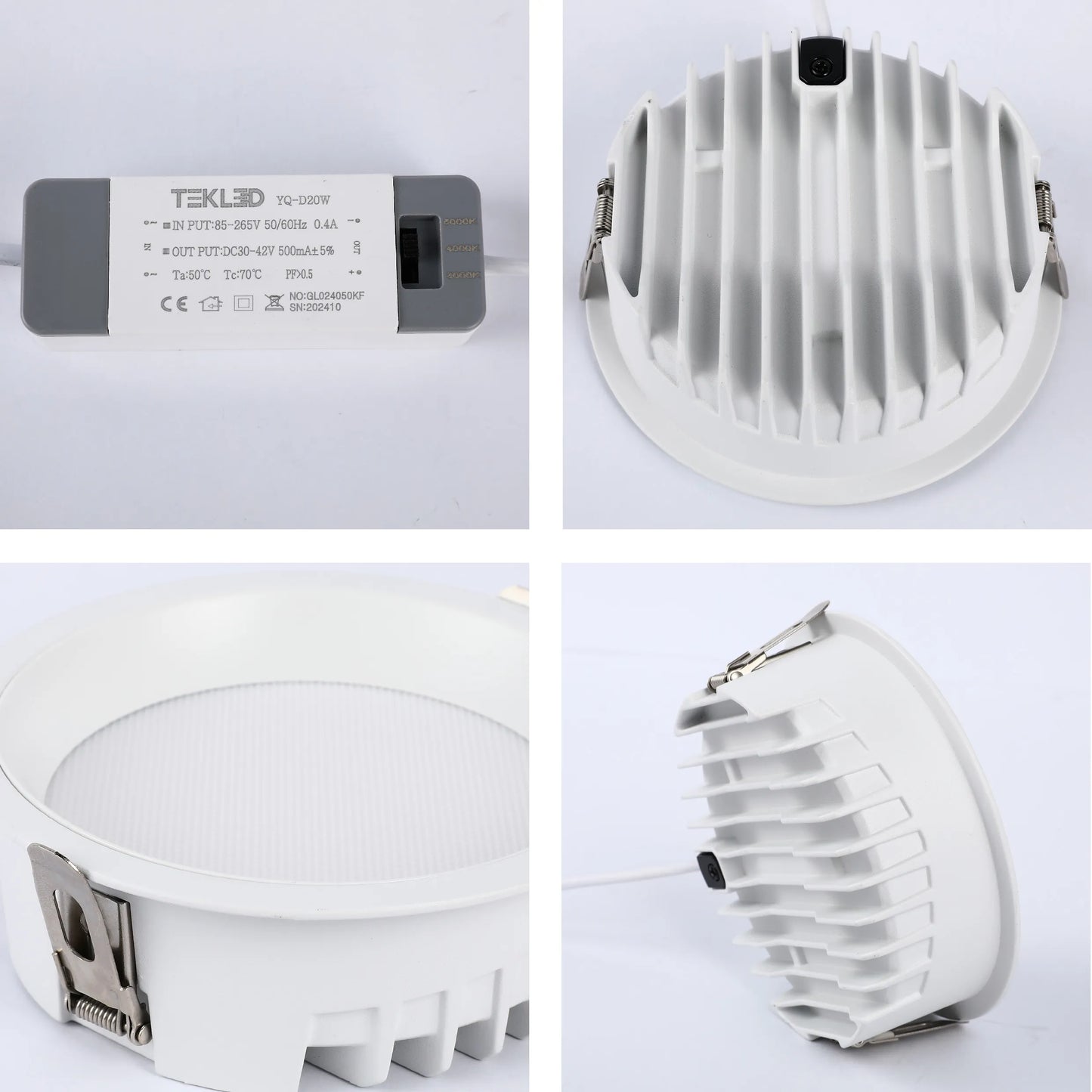 A recessed ceiling light fixture. The light features a white finish, spring clips for installation and adjustable colour temperature.