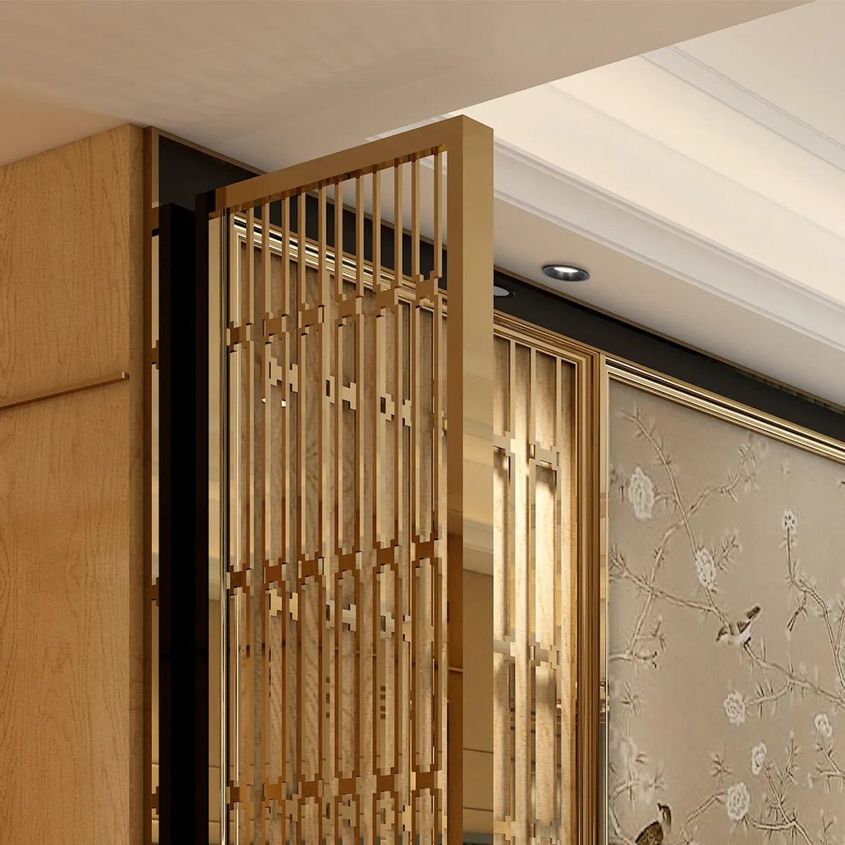 Subtle downlighting illuminates the ceiling, creating a warm and inviting atmosphere around the decorative screen and wall art.