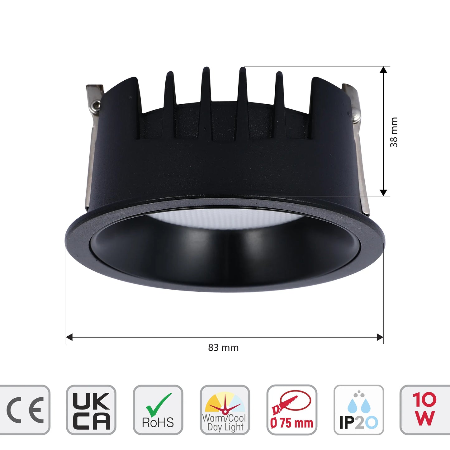 A black downlight is displayed. It features dimensions 83mm and 38mm, with a 10W power rating. Ideal for warm/cool lighting with IP20 rating.