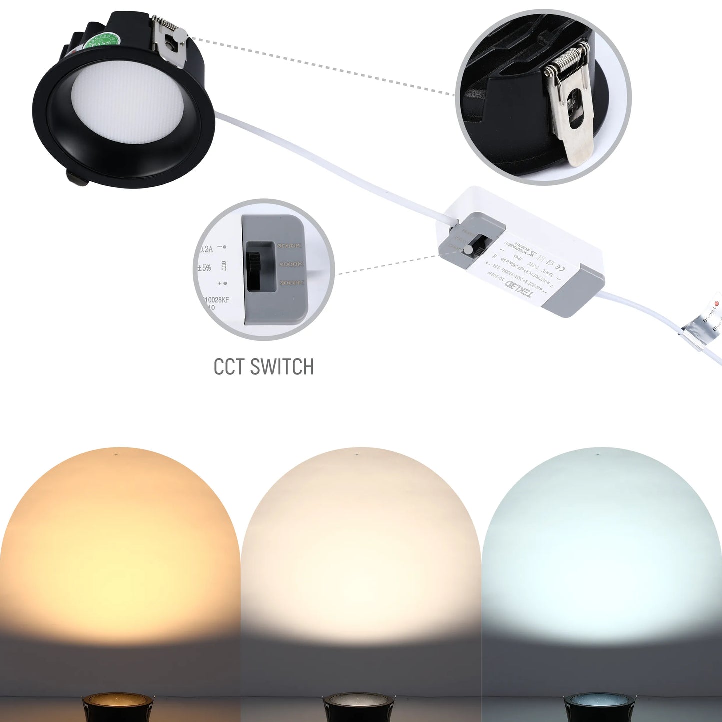 LED downlight with a CCT switch demonstrating different colour temperatures from warm white to daylight.