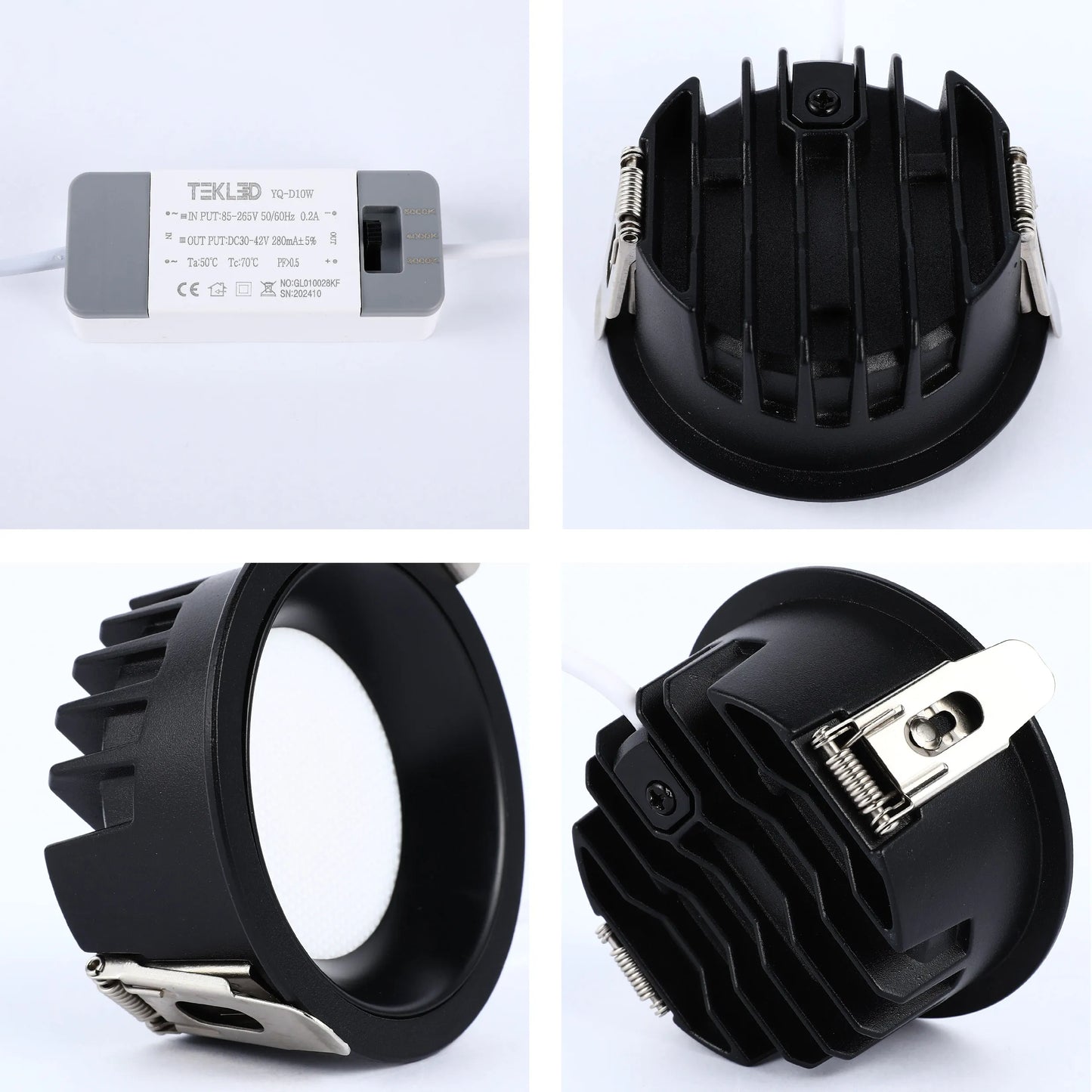 A black LED downlight with a heat sink design and colour temperature selector, accompanied by its power supply.
