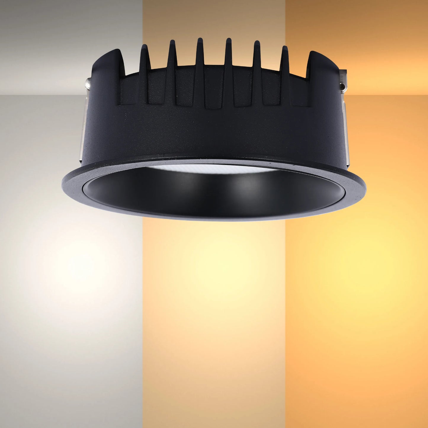 LED downlight, showcasing three different colour temperatures: warm white, neutral white and cool white.