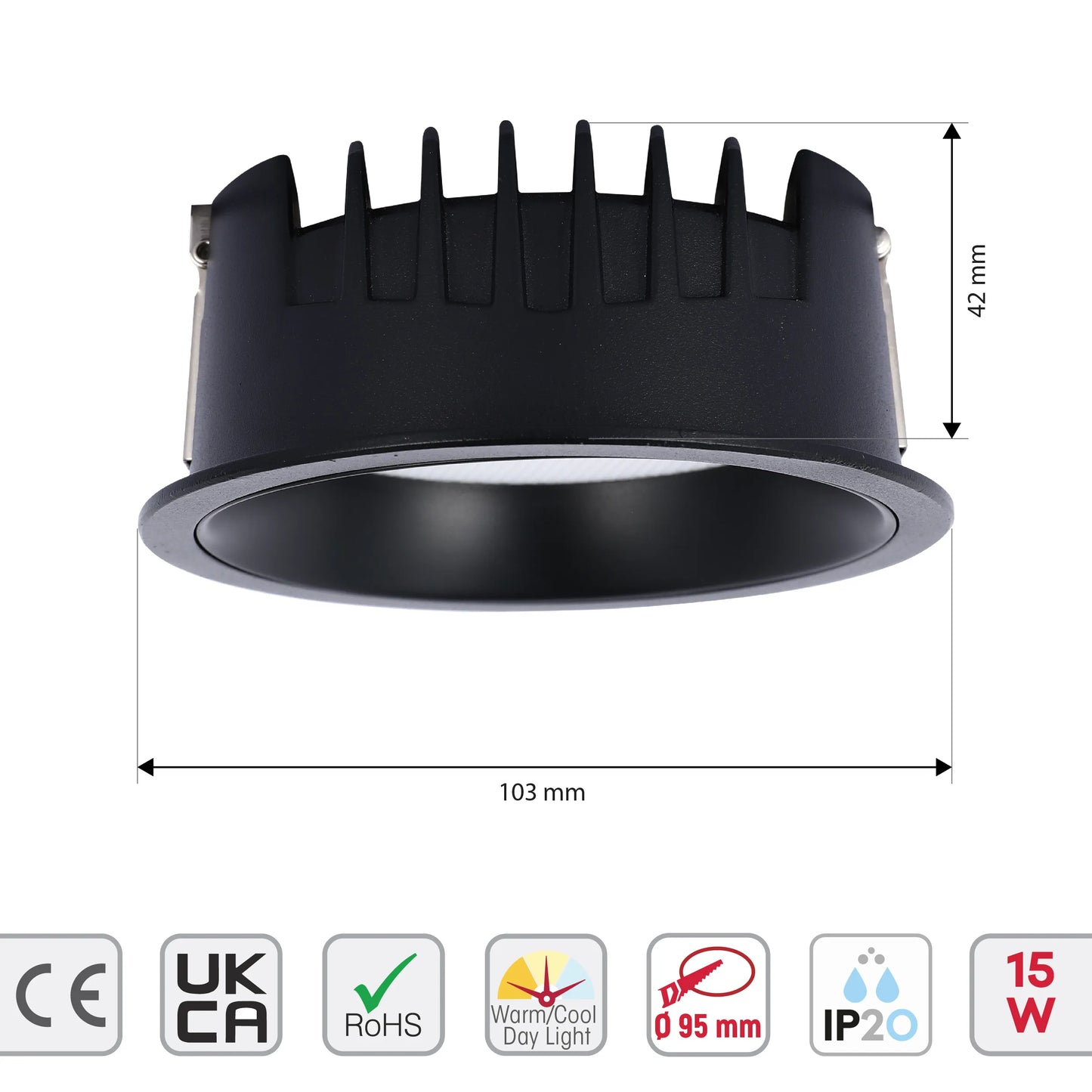 A recessed black downlight is displayed, with measurements indicating 103mm diameter and 42mm height. The light also has CE, UKCA, and RoHS certification.