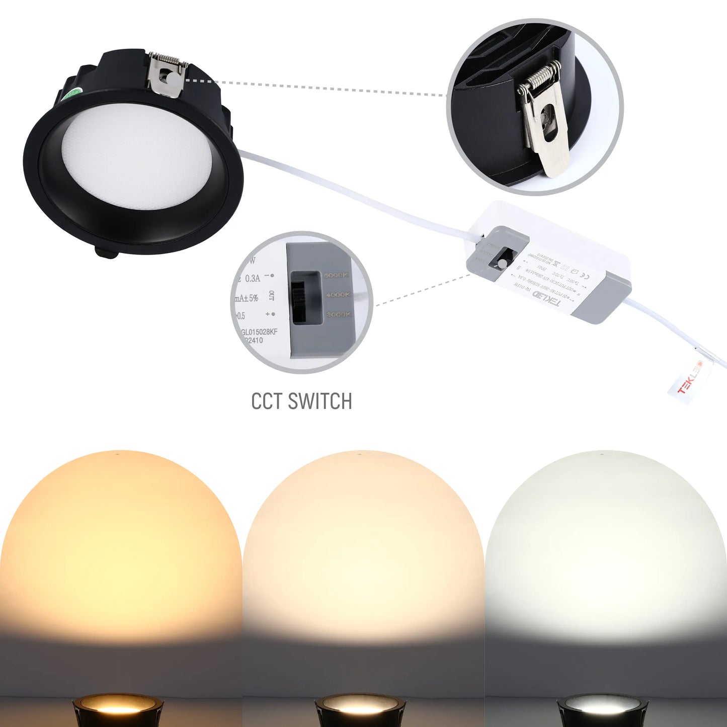 A recessed LED light with adjustable colour temperature options: warm white, neutral white, and cool white.