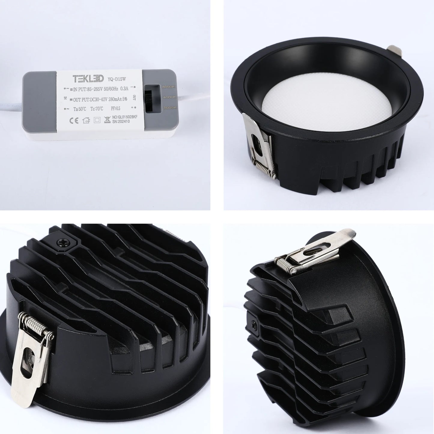 Recessed black LED downlight with spring clip, heat sink, and dimmable driver. A modern lighting solution.