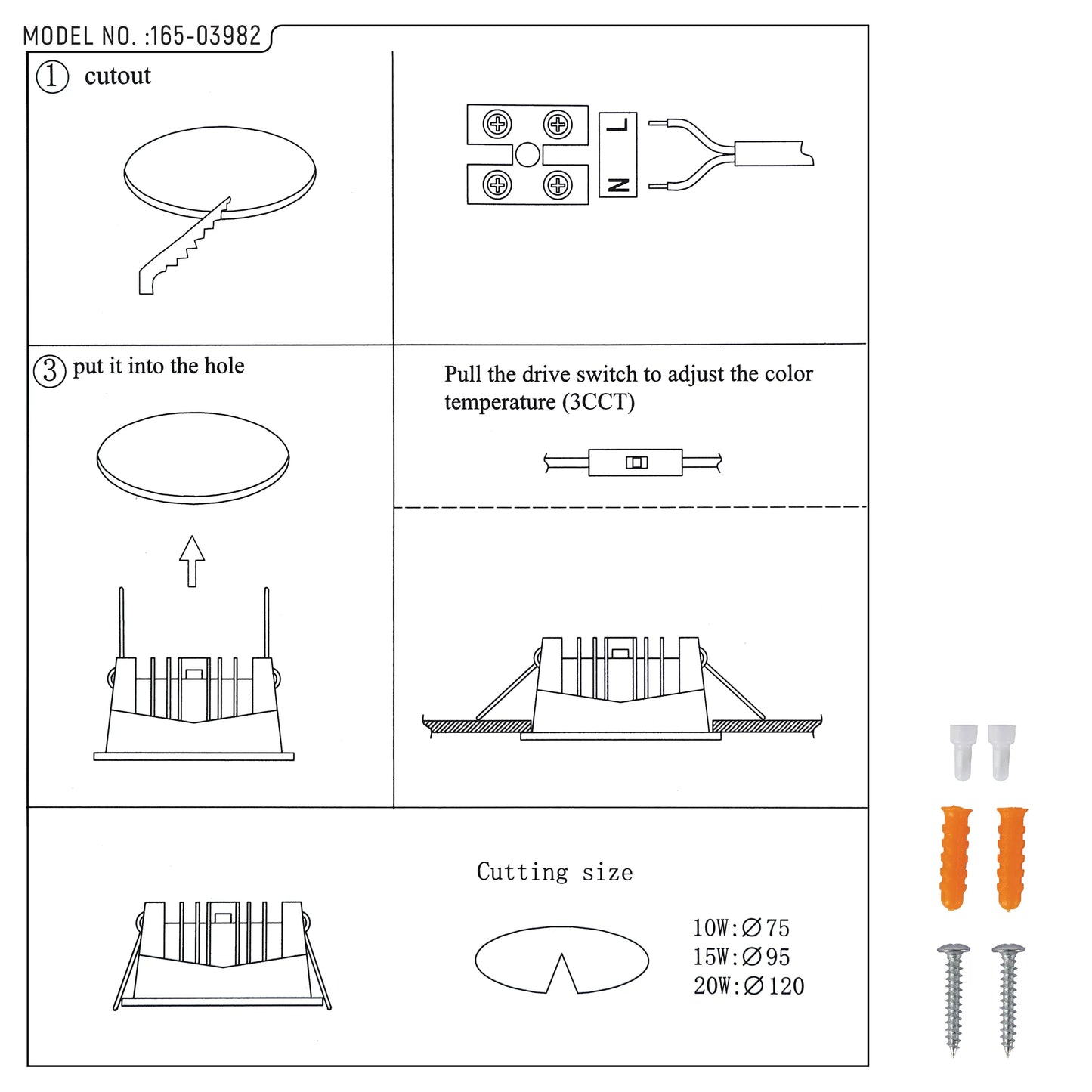 A diagram showing how to install downlights. Includes diagrams for cutting the hole and wiring the lights.