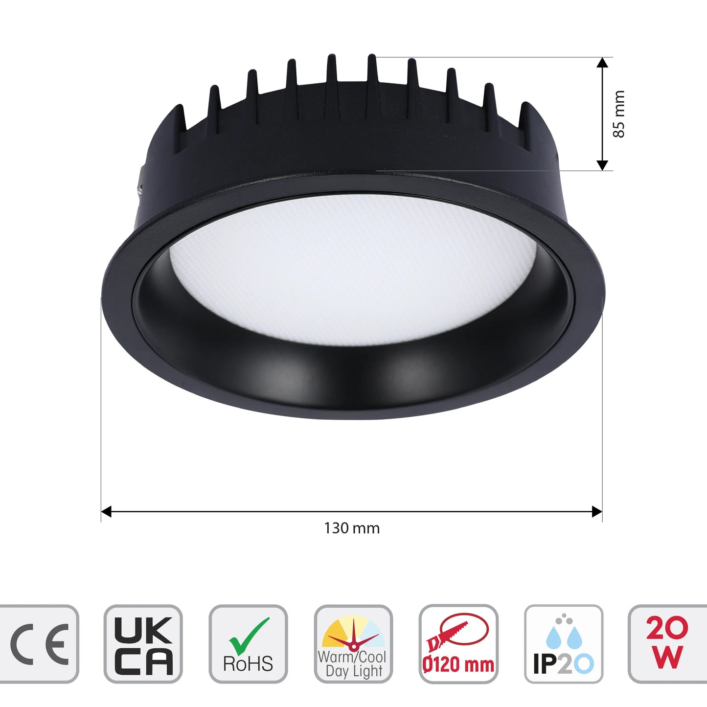 A recessed black downlight, dimensions marked: 130mm diameter, 85mm height. Includes CE, RoHS, IP20 and 20W certifications.