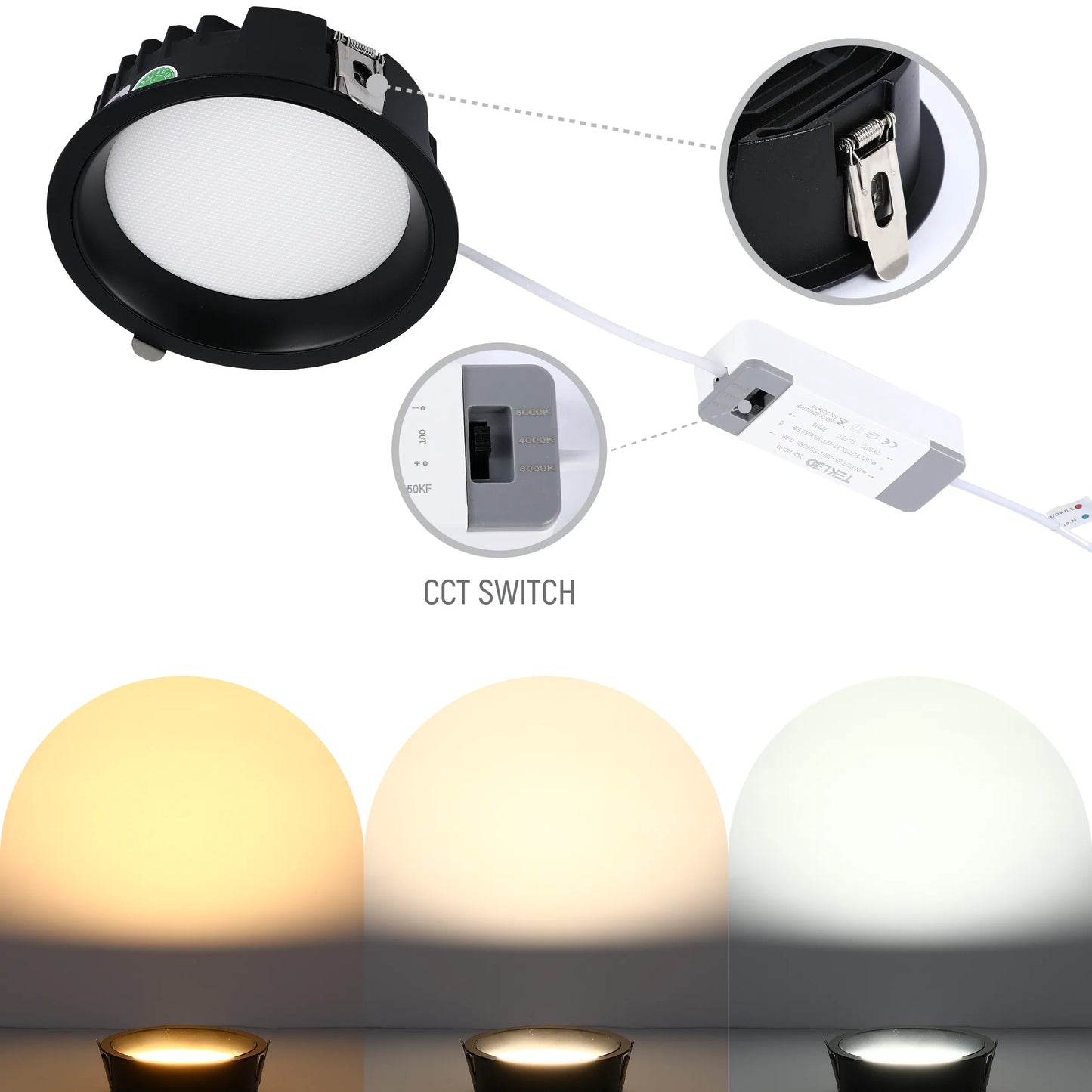 A recessed downlight with a CCT switch showing warm, neutral and cool white light options.