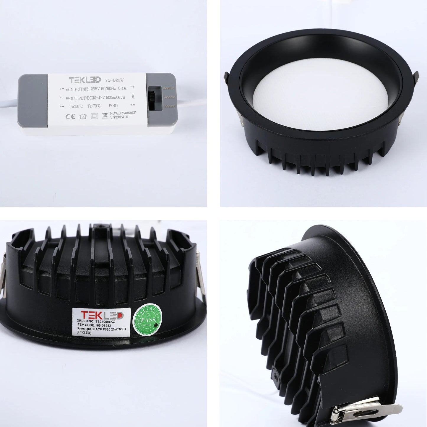 LED downlight with adjustable colour temperature, accompanied by its driver. Black finish, modern design.