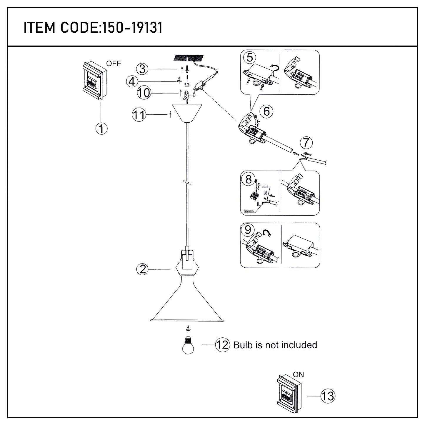 An exploded diagram of a pendant light showing the steps for installation, including wiring and attaching the shade.