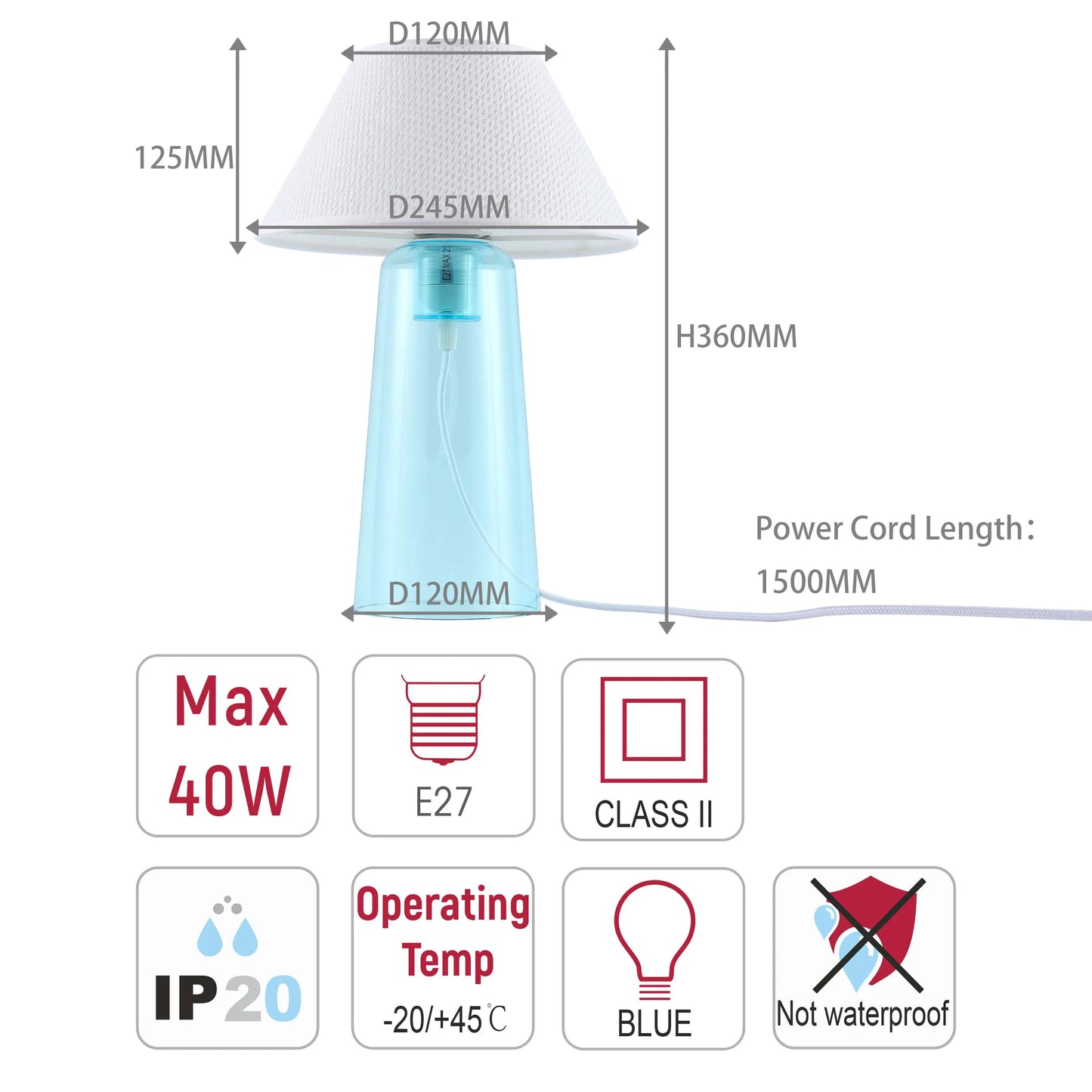 A lamp with a blue base and white lampshade. It requires an E27 bulb, has a 1500mm cord and is not waterproof.