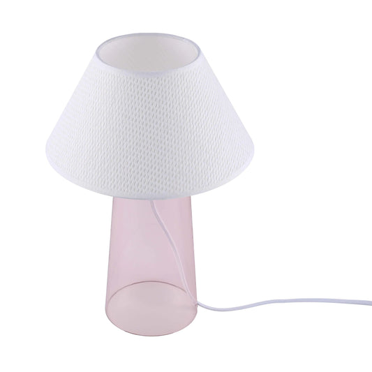 Stylish pink glass table lamp with a white textured lampshade, providing soft and ambient lighting.