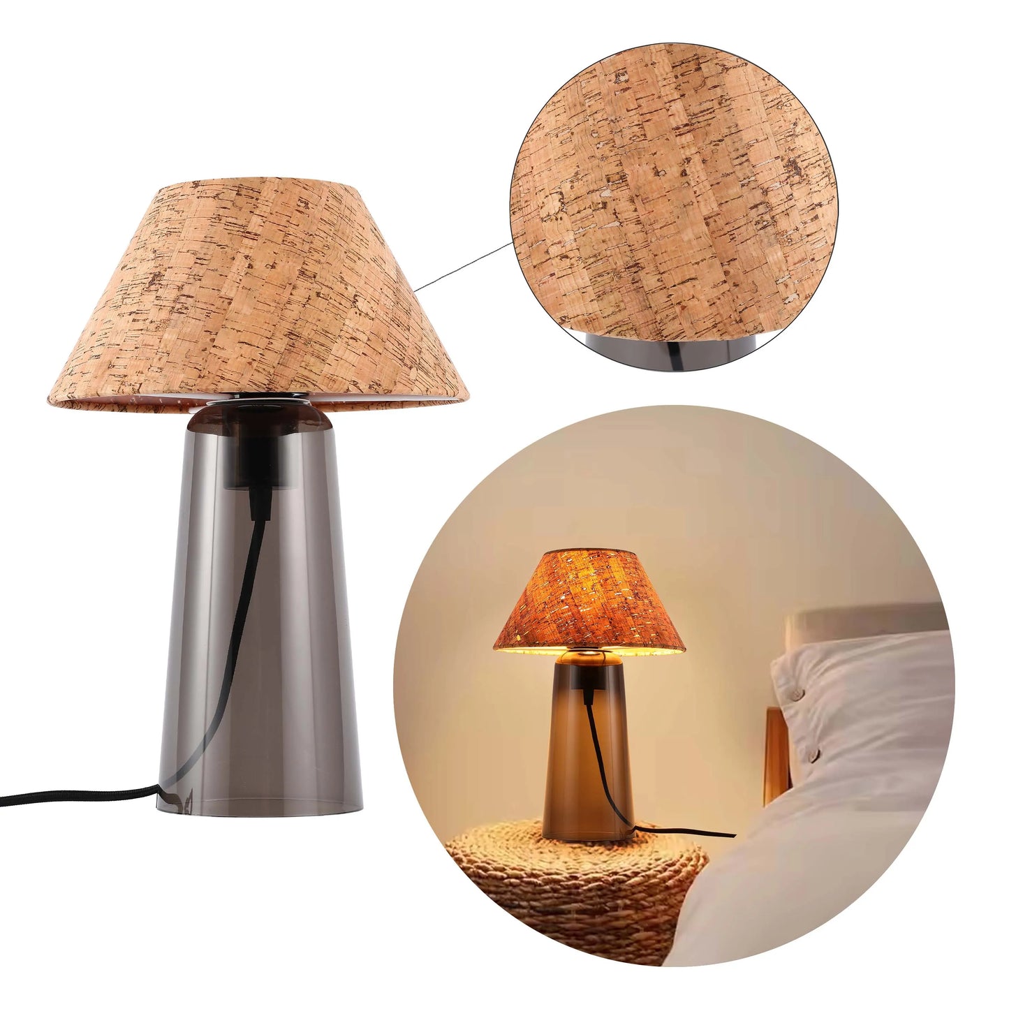 A modern table lamp with a cork shade and grey glass base. Perfect for adding a warm glow to any room.