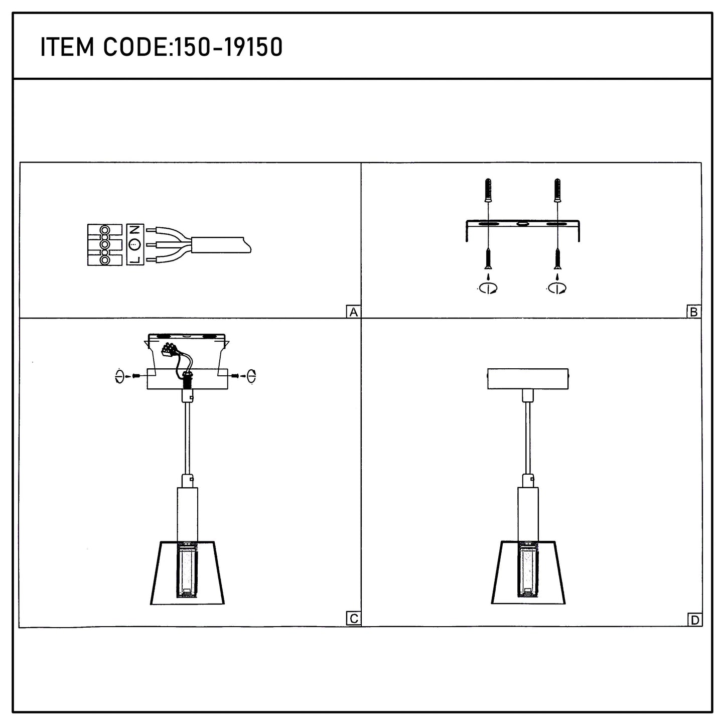 Diagram showing the stages of assembling a pendant light fitting, with numbered instructions.