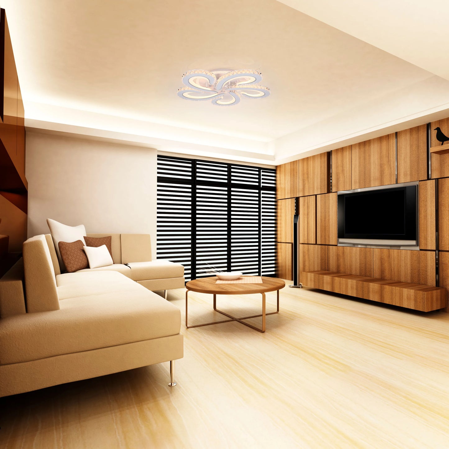Modern living room with a flower-shaped ceiling light providing ambient lighting and creating a bright, welcoming atmosphere.