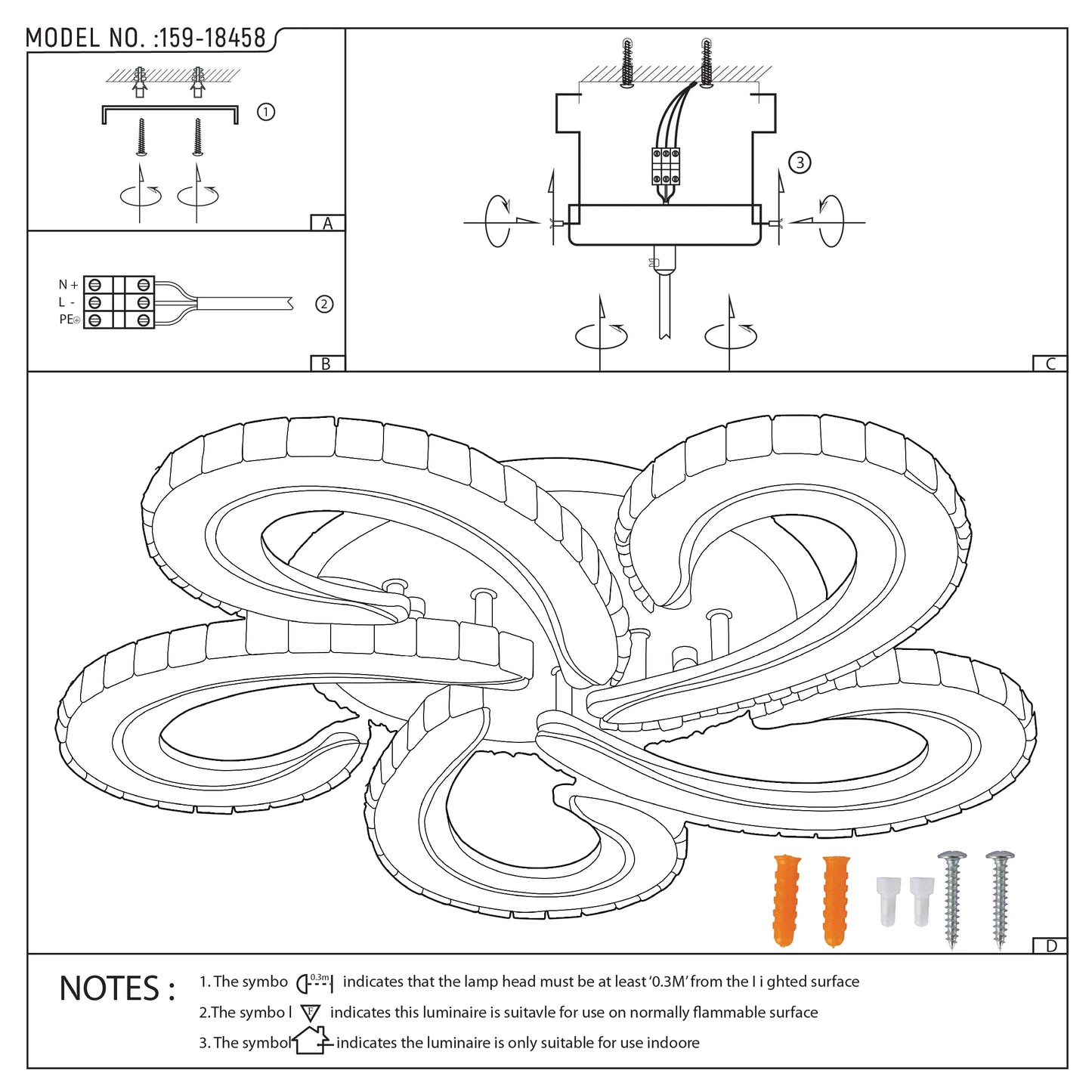 A modern, multi-light ceiling light with a swirling, organic design and a white finish. Instructions shown with screws and bolts.
