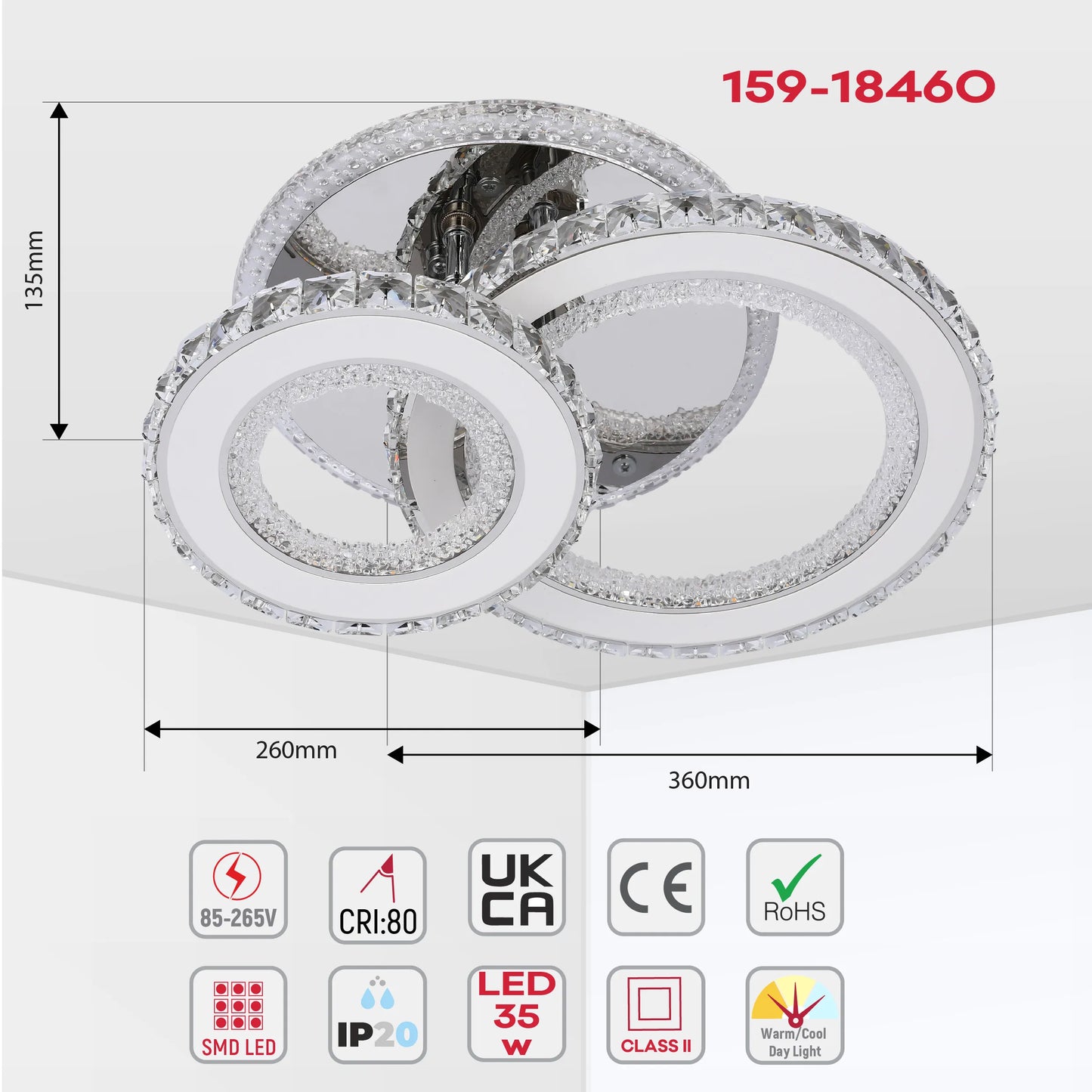 Contemporary ceiling light featuring crystal detailing and LED rings, dimensions shown.