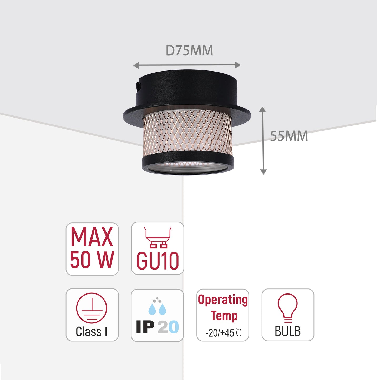 A black and copper ceiling light, showcasing a stylish and modern design. Dimensions D75mm, height 55mm.