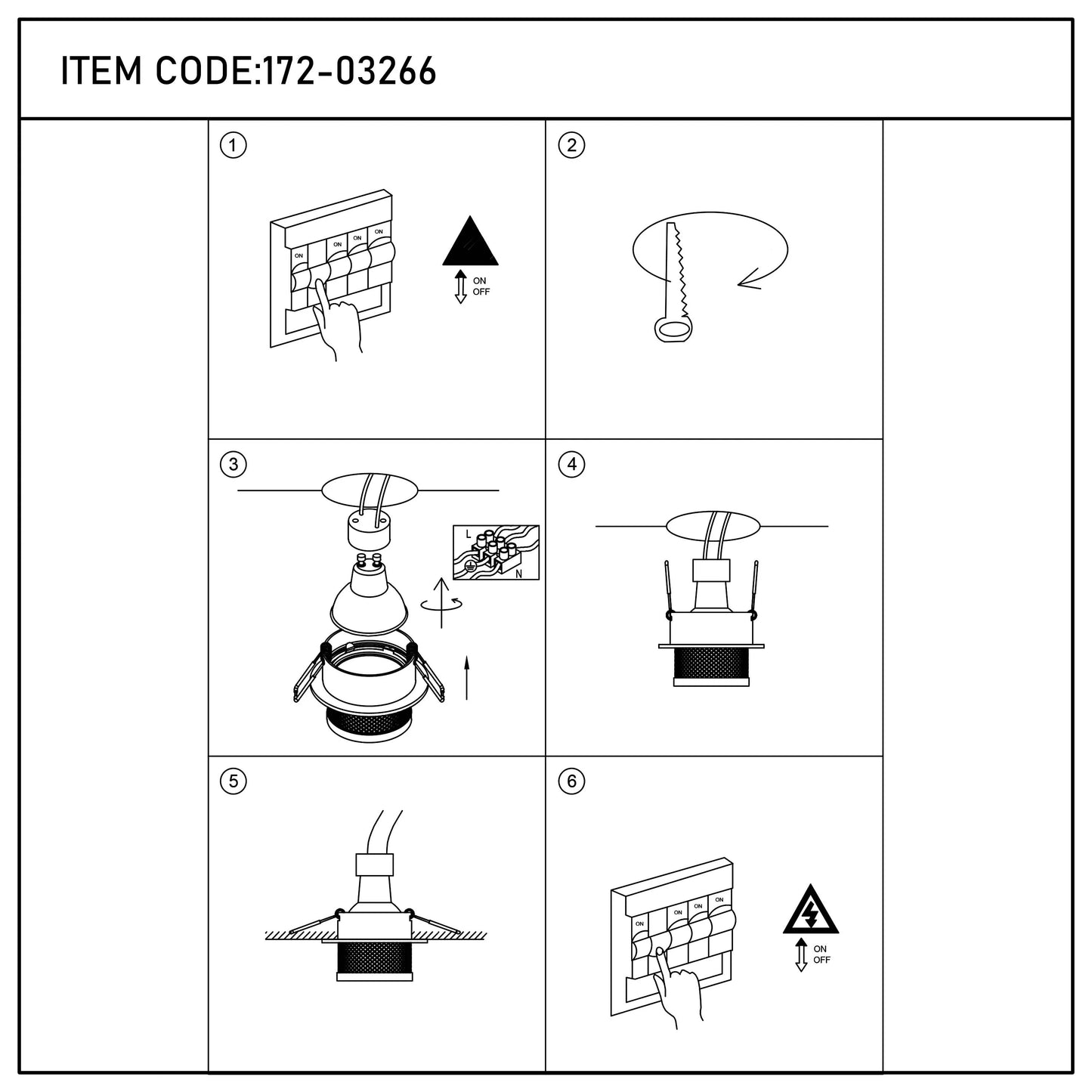 A guide to installing a ceiling light, with six stages. Includes turning the power off and connecting the wires.