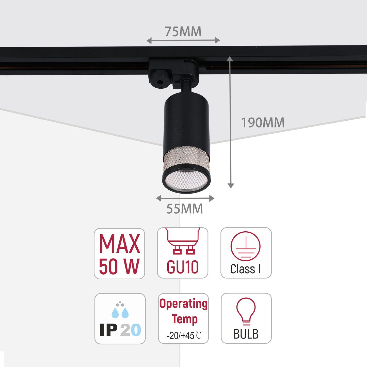 Sleek black track lighting dimensions with GU10 bulb, max 50W, Class I, IP20 and operating temp -20/+45 °C